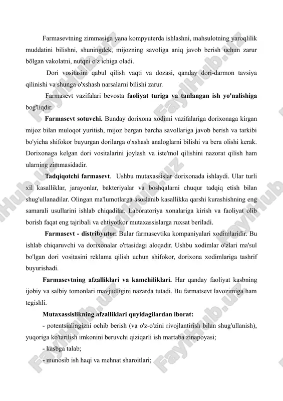 berish uchun zarur bölgan vakolatni, nutqni o'z ichiga oladi. dori vositasini qabul qilish vaqti va dozasi, qanday dori-darmon tavsiya qilinishi va shunga o'xshash narsalarni bilishi zarur. farmasevt vazifalari bevosta faoliyat turiga va tanlangan ish yo'nalishiga bog'liqdir. farmasevt sotuvchi. bunday dorixona xodimi vazifalariga dorixonaga kirgan mijoz bilan muloqot yuritish, mijoz bergan barcha savollariga javob berish va tarkibi bo'yicha shifokor buyurgan dorilarga o'xshash analoglarni bilishi va bera olishi kerak. dorixonaga kelgan dori vositalarini joylash va iste'mol qilishini nazorat qilish ham ularning zimmasidadir. tadqiqotchi farmasevt. ushbu mutaxassislar dorixonada ishlaydi. ular turli xil kasalliklar, jarayonlar, bakteriyalar va boshqalarni chuqur tadqiq etish bilan shug'ullanadilar. olingan ma'lumotlarga asoslanib kasallikka qarshi kurashishning eng samarali usullarini ishlab chiqadilar. laboratoriya xonalariga kirish va faoliyat olib borish faqat eng tajribali va ehtiyotkor mutaxassislarga ruxsat beriladi. farmasevt - distribyutor. bular farmasevtika kompaniyalari xodimlaridir. bu ishlab chiqaruvchi va dorixonalar o'rtasidagi aloqadir. ushbu xodimlar o'zlari ma'sul bo'lgan dori vositasini reklama qilish uchun shifokor, …