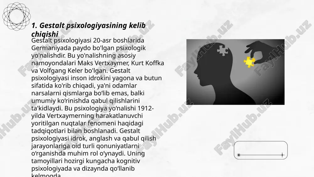 e/slaydai_bot gestalt tamoyillari, xususan, yaxlitlik prinsipi inson miyasining obyektlarni bir butun sifatida idrok etish tendensiyasini ifodalaydi. bu tamoyilga ko‘ra, insonlar ayrim qismlardan ko‘ra, butun shaklni yaxlit idrok qiladi. masalan, bir nechta alohida nuqtalar birgalikda chiziqli shakl hosil qilganda, insonlar uni chiziq sifatida tushunishga moyildir. yaxlitlik tamoyili grafika dizayn va san'atda ko‘p qo‘llanilib, ko‘rish tajribasini soddalashtirish va samaraliroq qilishga yordam beradi. bu tamoyil miyaga yukni kamaytiradi va axborotni tezroq qayta ishlashga yordam beradi. yaxlitlik tamoyili ko‘pincha plakatlar, logotiplar va vizual san'atda qo‘llanadi, bu esa omma bilan tez va aniq aloqani ta'minlaydi. ... t.me/slaydai_bot 7. gestalt tamoyillari: uzluksizlik gestalt tamoyillari ichida uzluksizlik printsipi muhim rol o'ynaydi. ushbu tamoyil ob'ektlar orasidagi oqim yoki uzluksizlikni aniqlaydi. agar elementlar bir yo'nalishda yoki muntazam tarqalsa, ularni bir butun sifatida qabul qilamiz. masalan, egri chiziqlar yoki boshqaruv o'qlaridagi doira va chiziqlar uzluksiz deb qaraladi va birlashgan shaklda ko'rinadi. gestalt uzluksizlik tamoyili logotip va grafik dizayn yaratishda keng …