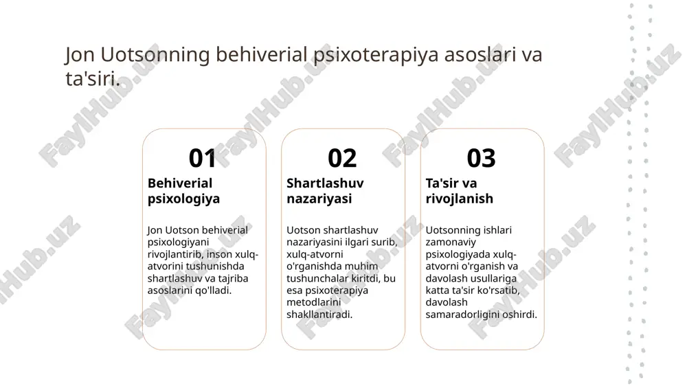 shiradi, bu esa bemorlarning muammolarini qisqa vaqt ichida hal qilishga yordam beradi. 4 muammolarni hal qilish bеhivеrial terapiya yordamida bemorlar xulq-atvorlarini o'zgartirish orqali, o'z muammolarini hal qilib, yangi ko'nikmalarni o'rganadilar va o'z hayot sifatini oshiradilar. shartlashuv nazariyasining asoslari: davolash jarayonida qanday qo'llaniladi? shartlashuv tushunchasi shartlashuv, odatdagi xulq-atvorni o'rganish jarayonida muhim rol o'ynaydi. bu jarayonda, insonning yangi xulq-atvorlari shartli stimullar bilan bog'lanadi. shartlashuv turlari besh asosiy shartlashuv turi mavjud: klassik shartlashuv, operant shartlashuv, ijtimoiy shartlashuv, avtonom shartlashuv va kognitiv shartlashuv. har biri o'ziga xos xulq-atvorni shakllantiradi. davolash jarayonida shartlashuv nazariyasi, psixoterapiya jarayonida muammolarni hal qilishda qo'llaniladi. masalan, fobiyalarni davolashda klassik shartlashuv usullari samarali bo'lishi mumkin. bеhivеrial psixoterapiya: shartlashuv usullarining turlari va ularning samarasi. 1 shartlashuv turlari - bеhivеrial psixoterapiyada ikki asosiy shartlashuv turi mavjud: klassik shartlashuv va operant shartlashuv. har ikkalasi odamlarning xulq-atvorini o'zgartirishda muhim rol o'ynaydi. 2 klassik shartlashuv - klassik shartlashuvda, bir stimulus boshqa stimulus bilan bog'lanadi. masalan, itlar …