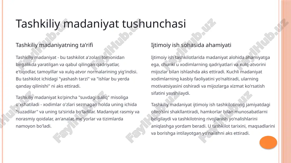 rishishda hamkorlikni kuchaytiradi. mijozlar va hamkorlar bilan o'zaro ta'sir ijtimoiy ish tashkilotlarida madaniyatni shakllantirish jarayoni mijozlar bilan o'zaro munosabatlarga ham ta'sir ko'rsatadi va ulardan ta'sirlanadi. mijozlardan olingan qayta aloqa madaniyatni takomillashtirish uchun muhim manba bo'lib xizmat qiladi. hamkor tashkilotlar bilan munosabatlar ham madaniyatni shakllantiradi. tashqi hamkorlar bilan qanday munosabat o'rnatilishi va qanday o'zaro ta'sirlar qo'llanilishi tashkilot qadriyatlarini aks ettiradi va mustahkamlaydi. 6 tashkiliy madaniyatni baholash usullari so'rovnomalar va intervyular tashkiliy madaniyatni baholashning eng keng tarqalgan usuli - xodimlar, rahbarlar va mijozlar o'rtasida so'rovnomalar o'tkazish va intervyular olishdir. bu miqdoriy va sifat ma'lumotlarini to'plash imkonini beradi. anonim so'rovnomalar xodimlardan to'g'ri fikrlarni olish imkonini beradi ochiq savollar bilan intervyular chuqurroq tushunish imkonini beradi fokus-guruhlar jamoa fikrlarini aniqlashga yordam beradi kuzatish va tahlil tashkilot ichidagi kundalik xatti-harakatlarni, qaror qabul qilish jarayonlarini va muloqot usullarini kuzatish ham madaniyatni baholashning samarali usuli hisoblanadi. yig'ilishlar, tadbirlar va norasmiy suhbatlarni kuzatish jismoniy muhit va ish joyini tahlil …