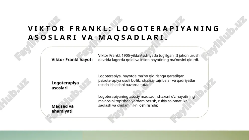 di. ruhiy barqarorlik hayotda ma'no topish, ruhiy barqarorlikni ta'minlaydi. franklning fikriga ko'ra, ma'nosiz yashash, depressiya va ruhiy muammolarni keltirib chiqaradi. stressga qarshi ma'no qidirish stress va qiyinchiliklarga qarshi kurashishda yordam beradi. odamlar, maqsadlari borligini his qilganda, muammolarni yengish osonlashadi. o'z-o'zini anglash logoterapiya, shaxslar o'zlarining haqiqiy maqsadlarini anglashlariga yordam beradi. bu, ruhiy salomatlikni mustahkamlashda muhim rol o'ynaydi. chidamlilikni oshirish: logoterapiyaning amaliy usullari. ma'no qidirish logoterapiya jarayonida har bir inson o'z hayotidagi ma'noni aniqlashga harakat qiladi, bu esa ruhiy chidamlilikni kuchaytiradi va stressga qarshi turishga yordam beradi. ijobiy fikrlash logoterapiya, ijobiy fikrlashni rivojlantirishga qaratilgan, bu esa muammolarni hal qilishda chidamlilikni oshiradi va hayotga bo'lgan qiziqishni kuchaytiradi. amaliy mashqlar logoterapiyada, shaxsiy tajribalar orqali dars olish va muammolarni yechish uchun amaliy mashqlar ishlatiladi, bu esa ruhiy sog'liqni mustahkamlaydi va chidamlilikni oshiradi. ekzistensial tahlil orqali ruhiy muammolarni hal etish. 01 ekzistensial muammolar ekzistensial muammolar, insonning hayot ma'nosini yo'qotishi, psixologik og'riqlarga olib keladi, bu esa ruhiy …
