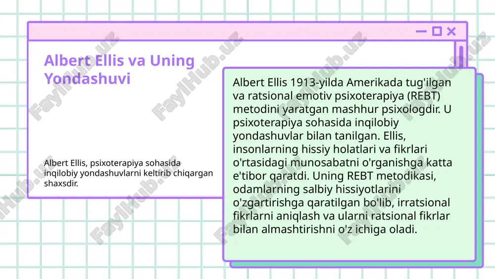 'zgarishga ijobiy yondashuv; 4) yordam va qo'llab-quvvatlash. albert ellis ratsional emotiv psixoterapiya orqali insonlar o'z emotsional muammolarini ratsional fikrlash orqali hal qilishlari mumkinligini ko'rsatdi. ushbu yondashuv, emotsional holatlarni boshqarish va ratsional fikrlar va irratsional fikrlar o'rtasidagi farqni tushunishga yordam beradi. abc modeli yordamida muammolarni aniqlash va hal qilishda ratsional yondashuvni amaliyotda qo'llash mumkin. hayotiy misollar bilan tasdiqlangan ushbu yondashuv, psixoterapiya sohasida muhim o'rin egallaydi. xulosa ratsional emotiv psixoterapiya: emotsional muammolarni ratsional yondashuv orqali hal qilish. foydalanilgan adabiyotlar 1. aliyev, a. t. ratsional emotiv psixoterapiya: teoriya va amaliyot. toshkent: psixologiya nashriyoti, 2021. 2. yusupov, m. f. ratsional yondashuv va emotsional muammolarni hal qilish. tashkent: fan va ta'lim, 2020. 3. saidov, a. m. o'zgarish jarayoni: ratsional emotiv psixoterapiya asoslari. samarkand: samdpu nashriyoti, 2022. 4. ismoilova, d. a. albert ellisning psixoterapiyaga qo'shgan hissasi. toshkent: o'zbekiston psixologiya jamiyati, 2019. 5. qodirov, s. r., & askarov, m. a. emotsional muammolarni ratsional yondashuv bilan hal qilish. …