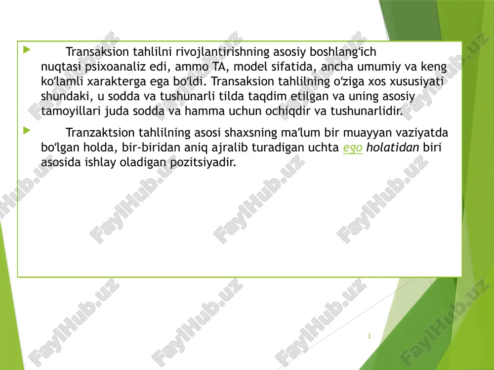 ot pozitsiyasi. * men yaxshi, sen yomon: (i'm ok, you're not ok) - bu tanqid, ayblash va hukm chiqarish xususiyatiga ega bo'lgan muloqot pozitsiyasi. * men yomon, sen yaxshisan: (i'm not ok, you're ok) - bu o'zini pastga qo'yish, o'zini kamsitish va boshqalarga taqlid qilishni o'z ichiga oladi. * men yomon, sen yomon: (i'm not ok, you're not ok) - bu umidsizlik, tushkunlik va hayotga nisbatan salbiy munosabat bilan ajralib turadi. 9 10 o'yinlar: ta muloqotdagi takrorlanadigan va noqulay modellarni "o'yinlar" deb ataydi. ushbu o'yinlar biror bir shaxsning o'zining "men"i bilan qanday munosabatda bo'lishini va boshqalar bilan qanday muloqot qilishini ko'rsatadi. qarorlar: ta insonning bolalikdagi tajribalariga asoslangan holda qabul qiladigan qarorlarini o'rganadi. ushbu qarorlar shaxsning o'zini his qilishiga, boshqalarga qanday munosabatda bo'lishiga va hayotga qanday yondashishiga ta'sir qilad shaxsiy rivojlanish: ta shaxs o'zining "men"lari bilan munosabatini tushunishga, o'zining xatti-harakatlarini tahlil qilishga va o'zgartirishga yordam beradi. • muloqotni yaxshilash: ta shaxslar …