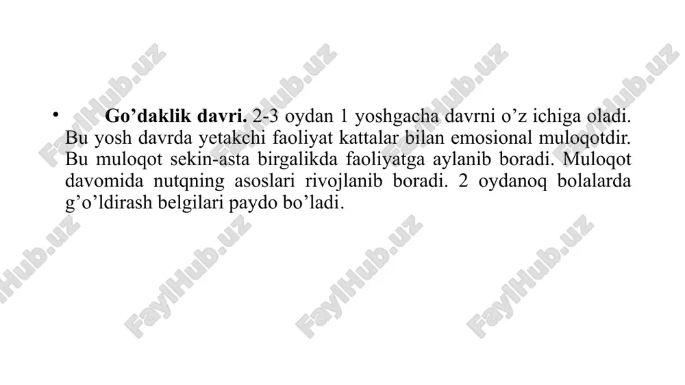 i so'zlarni yodida saqlab qolib, ernosiya bildirishi, diqqat, xotira, nutq va boshqa bilish jarayonlarining rivojlanishiga zarnin bo'ladi ikki oylik davridan boshlab bolada oddiy ranglarni ajratish, 3-4 oyligidan boshlab, esa predrnetlarning shaklini ajratish layoqati yuzaga kela boshlaydi, go'dak bola 2 oylik vaqtidan boshlab, o'z onasining yuzini va ovozini o'zgalarnikidan ajrata boshlaydi. 2-3 oylikdan boshlab esa, onasining tabassurni va kulgusiga tabassurn va turli harakatlar bilan javob qaytaradi. 3-4 oyligidan boshlab, bolalar yaqinlariga o'z harakatlari bilan ko'rish, eshitish yoki gapirishni xohlayotganligini ko'rsatadilar, 8 oyligidan boshlab esa, bola o'zgacha muhit va begonalar qo'liga tushsa, o'z xavotirini yigasi orqali narnoyon etadi. bu xavotir 14-18 oyligida asta-sekinlik bilan karnaya boshlaydi. 2-з oylik bolalarda gozaga keladigan narsalarni ushlay olish harakatlarining shakllanishi ularda predrnetlarning shakli va xajrnini idrok qilishlarini rivojlanishiga olib keladi. yoshning ulg'ayib borishi, psixik jarayonlarning inson rivojlanishidagi qonuniyatlari, undagi yetakchi omillar hamda inson hayot yo'lining turli bosqichlarida uning shaxsiga xos xususiyatlar yosh davrlari psixologiya fanining tadqiqot …