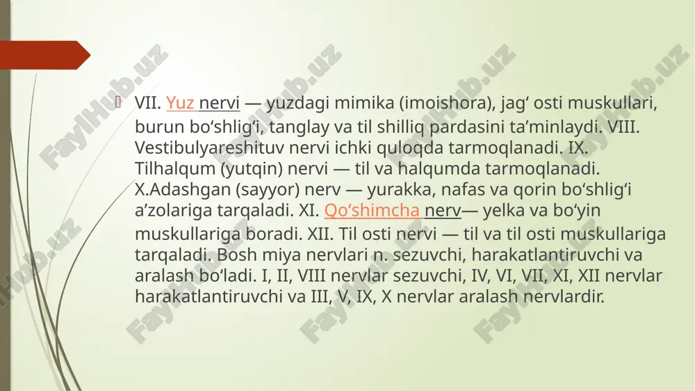 i 6. kiprik tuguni 7. yuqori jag‘ nervi 8. yuqorigi alveolyar shoxchasi 9. lunj nervi 10. dahan nervi 11. til nervi 12. pastki jag‘osti tuguni 13. pastki alveolyar nerv 14. quloq tuguni 3. pastki jag‘ nervi (n. mandibularis) yuqorida ko‘rsatilgan ko‘z va yuqori jag‘ nervlaridan farqli ravishda aralash nervdir. uning tarkibida sezuvchi va harakatlantiruvchi va ta’m biluvchi nerv tolalari bor. bu nerv kalla suyagidan oval teshik (foramen ovalae) orqali chiqib, pastki jag‘ kanaliga kiradi (canalis mandibularis), uning oxirgi shoxi engak nervi (n. mentalis) nomi bilan, engak teshigidan (foramen mentale) chiqadi. nerv sistemasi yoʻq koʻp hujayralilar (oʻsimlik, hayvon embrioni va bulutlar)da funksiyalar hujayralarning oʻzaro taʼsiri (ionli, metaboli-tik va boshqalar) orqali tartibga solinadi. bir hujayra faoliyati boshqa hujay-rada hosil boʻlgan moddalar almashi-nuvi mahsuloti bilan boshqariladi (qarang gumoral regulyasiya). biron-bir hujayra membranasida vujudga kelgan qoʻzgʻalish baʼzan hujayradan hujayraga oʻtishi mumkin. shu tariqa hayvonlarning evolyusiya jarayonida, asosan, 2 xil uygʻunlashtiruvchi mexanizm — nerv regulyasiya …
