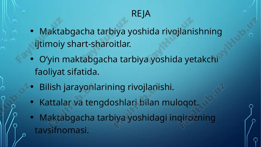 rida bolalarcha bevositalik yo‘qoladi. inqirozning belgilari sifatida jarohatlaydigan kechinmalardan himoya qilish funksiyasini bajaradigan qiyshanglash, qiliq qilish, masxarabozlik qilishda namoyon bo‘ladi. maktabgacha yosh davrida bola o‘zini jismoniy alohida mustaqil individ sifatida anglashdan, o‘z hissiyotlari va kechinmalarini anglashgacha bo‘lgan yolni bosib oladi. bu hissiyotlar aniq faoliyat turi bilan bog‘liq. bola o‘z hissiyotlari va kechinmalarini umumlashtirish asosida o‘z-o‘ziga munosabatda bola boshlaydi e‘tiboringiz uchun rahmat image2.png image3.jpeg image4.jpeg image5.jpeg image6.jpeg image7.jpeg image8.jpeg image9.jpeg image10.jpeg image11.jpeg image12.jpeg image13.jpeg image14.jpeg /docprops/thumbnail.jpeg