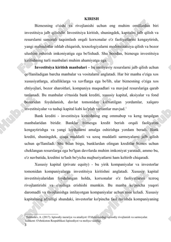 editar imkoniyatlari orqali korxonalarga moliyaviy yordam ko'rsatiladi. ko'pincha, davlat davlatning iqtisodiy rivojlanishiga yordam berish va ish o'rinlari yaratish maqsadida bu kabi yordamlarga turtki beradi. bunday yordamlar korxonalarga raqobatbardoshlikni oshirish va yangi bozorlarni zabt etish imkoniyatlarini taqdim etadi. xalqaro investitsiyalar va tashqi kapital - global bozorlar va xorijiy investorlar orqali sarmoya kiritish orqali korxonalar o'z faoliyatlarini kengaytirishlari mumkin.[footnoteref:3] xalqaro investitsiyalar o'z navbatida yuqori daromadlarni va yangi texnologiyalarni jalb qilish imkonini beradi. shu bilan birga, tashqi kapital va xalqaro bozorlarning o'ziga xos xususiyatlari va xavflari ham mavjud. xalqaro investitsiyalarni jalb qilishda kompaniyalar o'zining xalqaro strategiyasini puxta ishlab chiqishlari va xalqaro bozor talablariga moslashishlari kerak. [3: shamsutdinov, t. (2018). investitsiya va kapital bozori. tashkent: iqtisodiyoti nashriyoti.] ichki manbalar va reinvestitsiya - bu kompaniyaning o'z daromadlarini sarmoya sifatida qayta investitsiya qilishini anglatadi. korxonalarning ichki manbalari orqali sarmoya kiritish o'ziga xos afzalliklarga ega. bu manba orqali kompaniya o'z faoliyatini rivojlantirishi va yangi loyihalar yaratishi mumkin, …