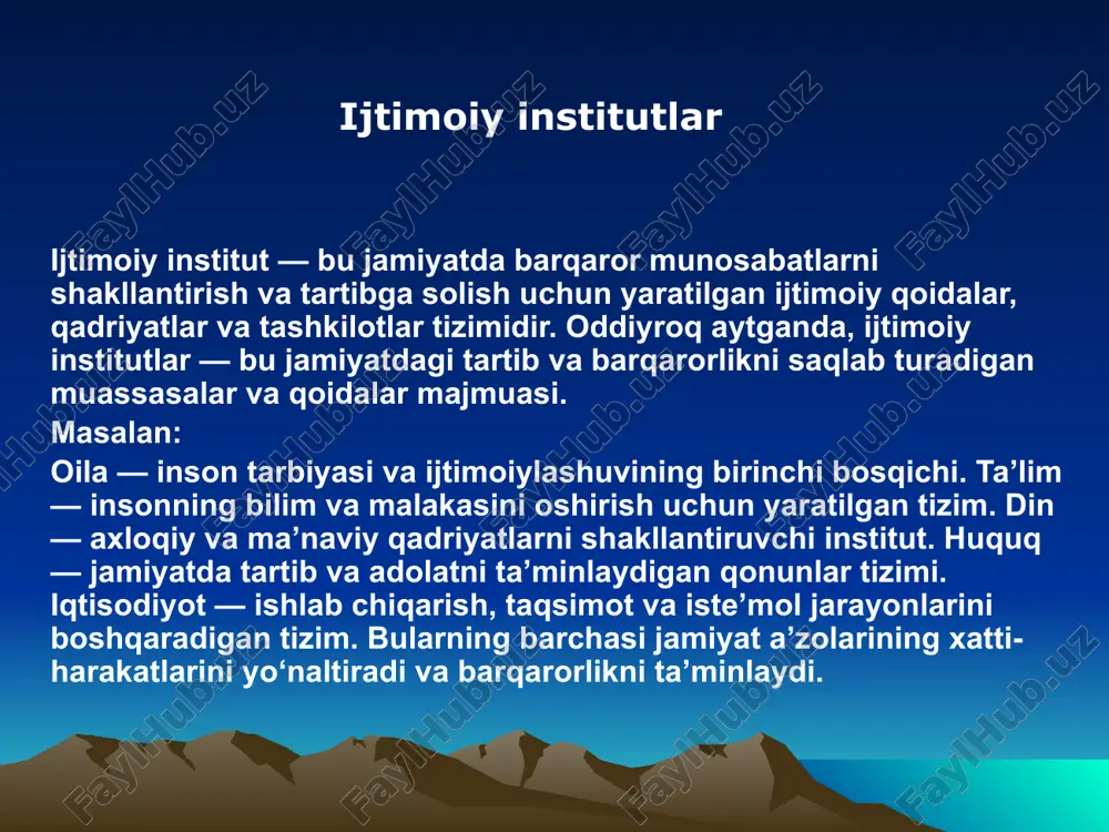 amiyatda bir qator ijtimoiy-madaniy institutlar (maorif, sog‘liqni saqlash tizimlari, madaniy-tarbiyaviy muassasalar, fan din institutlari) amal qilinadi. ijtimoiy institutlar sotsial muhit bilan o‘zaro ta'sirda bo‘ladi. bu o‘zaro ta'sir normal tarzda, shuningdek normaning buzilishi sharoitida ham bo‘lishi mumkin. har qanday real jamiyatda normativ tartibotga bo’ysunmaydigan anomik hodisalar bo‘lishi tabiydir. integrativ (uyg‘unlashtiruvchi) sotsial institutlar. bu institutlar bir butun tuzumga jamiyat manfaatlarini qondirishga ma'sul bo‘lgan sotsial rollarni ifodalaydi; an'anaviy sotsial institutlar. bu sotsial institutlar odat, marosimlar qarindosh-urug‘chilik tomonidan qat'iy belgilangan normalar bilan bog‘liqdir. relyatsion institutlar. bu institutlar jins va yoshdan tortib to kasb-mashg‘ulot turi va qobiliyati mezonlariga asosan jamiyatning rolga oid tarkibini aniqlab beradi; regulyativ (idora etish) sotsial institutlari. bu institutlar shaxsiy maqsadlarning jamiyatda amal qilib turgan normalariga dahlsiz holda amalga oshish chegaralarini va bu chegaradan chiqib ketilganda qo‘llaniladigan sanksiyalar belgilab beradi madaniy sotsial institutlar. din, san'at, adabiyot bilan bog‘liq; amal qilish doirasi va vazifalariga qarab ijtimoiy institutlarning quyidagi ko‘rinishlarini ajratib ko‘rsatish mumkin: ijtimoiy …