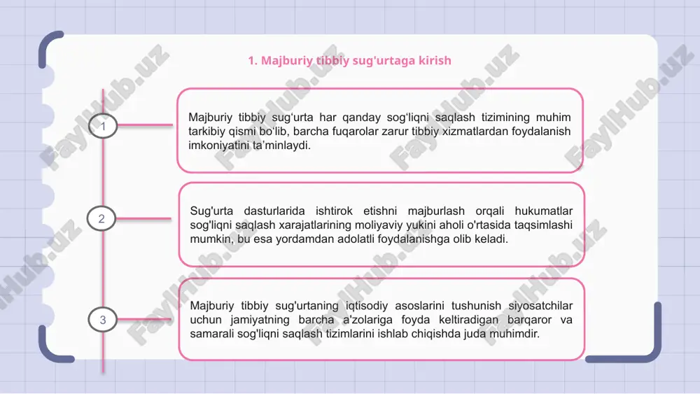shining zarur tibbiy xizmatlardan moliyaviy to'siqlarsiz foydalanishini ta'minlaydi. majburiy tibbiy sug'urtaning iqtisodiy asoslari uning aholi o'rtasida tavakkalchiliklarni birlashtirish va sog'liqni saqlash xarajatlarini barqaror moliyalashtirish mexanizmini yaratish qobiliyatidadir. majburiy tibbiy sug'urtani moliyalashtirishning turli mexanizmlariga davlat subsidiyalari, ish beruvchining badallari va individual mukofotlar kiradi. ushbu manbalar barcha sug'urtalangan shaxslar uchun tibbiy xizmatlar xarajatlarini moliyalashtirishga yordam beradi. 1 2 3 7. majburiy tibbiy sug'urtada davlatning roli majburiy tibbiy sug'urta sog'liqni saqlash tizimining muhim tarkibiy qismi bo'lib, barcha shaxslarning asosiy tibbiy xizmatlardan moliyaviy to'siqlarsiz foydalanishini ta'minlaydi. bu aholi salomatligini muhofaza qilish, aholi salomatligini mustahkamlashga xizmat qiladi. majburiy tibbiy sug'urtaning iqtisodiy asoslari umumiy moliyaviy mas'uliyatda, arzonlik va barqarorlikni ta'minlash uchun katta aholi o'rtasida xatarlarni birlashtirishda yotadi. xarajatlarni tarqatish orqali u kasallik paytida jismoniy shaxslarning moliyaviy yukini engillashtirishga yordam beradi. majburiy tibbiy sug‘urtada davlatning o‘rni juda muhim, chunki u qoidalarni belgilaydi, ularga rioya etilishini nazorat qiladi, tizimning samarali va samarali ishlashini ta’minlaydi. hukumatning ishtiroki barchani qamrab …