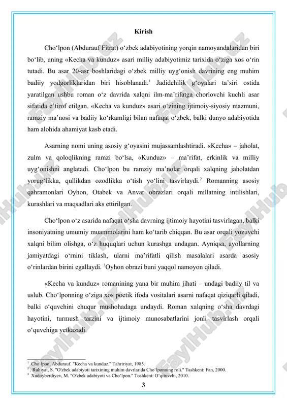 o‘z davrining murakkab hayotini his etishga imkon yaratgan. oyhon va anvarning ichki dunyosi orqali millatning intilishlari, otabek obrazi orqali esa eski an’analar va yangi davr o‘rtasidagi ziddiyatlar tasvirlangan. asarda «kecha» va «kunduz» tushunchalari hayotning murakkabligi va ikki tomonliligini aks ettiradi. [footnoteref:4]«kecha» faqat zulmat va qiyinchiliklarni emas, balki insonning qiyin davrdagi sabr-toqati va kurashlarini ham anglatadi. «kunduz» esa ozodlik, baxt va milliy uyg‘onishni ramziy ma’noda tasvirlaydi. bu ikki tushuncha orqali cho‘lpon xalqning tarixiy yo‘lini va milliy maqsadini o‘quvchiga yetkazadi. [4: ibrohimov, n. "cho‘lponning badiiy tafakkuri va dunyoqarashi." toshkent: akademnashr, 2005.] shuningdek, romanda o‘z davrining dolzarb muammolaridan biri bo‘lgan ayollar masalasi ham ko‘tarilgan. oyhon obrazi orqali yozuvchi o‘zbek ayollarining erksizlikdan ozod bo‘lishini, ularning ta’lim olish va jamiyatdagi o‘rnini mustahkamlash zaruratini ilgari suradi. bu, ayniqsa, jadidchilik g‘oyalarining asosiy yo‘nalishlaridan biri bo‘lgan va asarda muhim o‘rin egallagan. «kecha va kunduz» romani faqat bir davrning tarixi emas, balki o‘zbek xalqining ma’naviy o‘sish yo‘lini aks ettiruvchi …