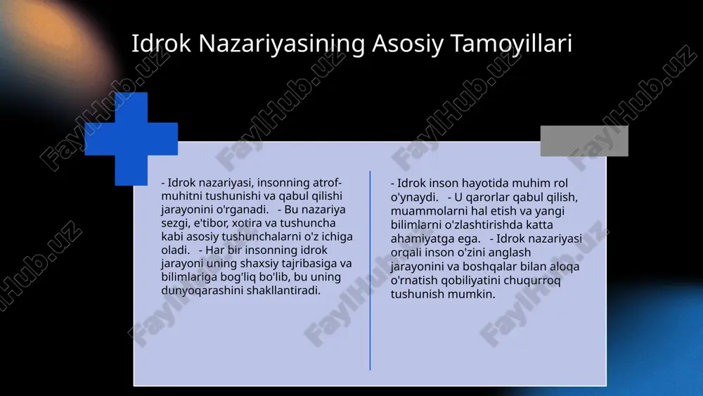 'qish va tushunish jarayonlari yaxshilanadi. idrok hayotimizda sezgi va e'tiborni rivojlantirishga yordam beradi. ta'lim jarayonida bu tushunchalar o'quvchilarning muvaffaqiyatini oshirishda muhim ahamiyatga ega. foydalanilgan adabiyotlar 1. jumayev, a. r. idrok nazariyasining asosiy tamoyillari. o‘zbekiston respublikasi fanlar akademiyasi, 2021. 2. qodirov, m. x. idrok jarayonlari: sezgi, e'tibor va xotira. toshkent davlat universiteti, 2020. 3. abdullaeva, s. a. idrokni rivojlantirish usullari va strategiyalari. o‘zbekiston psixologiya jurnali, 2023. 4. tursunova, d. h. ta'limda idrokni rivojlantirishning amaliy tatbiqlari. xalq ta'limi, 2022. 5. xolmatov, e. f. idrok nazariyasi va uning ta'limdagi ahamiyati. o‘zbekiston ta'limi, 2021. e'tiboringiz uchun rahmat! image1.png image2.png image3.png image4.png image5.png image6.png image7.png image8.png image9.png image10.png image22.png image13.png image14.png image15.png image16.png image12.png image24.jpg image19.png image17.png image18.png image23.png