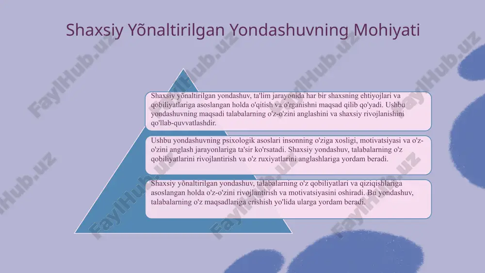 lar ishlab chiqiladi. sog'liqni saqlashda esa har bir bemorning holatini hisobga olgan holda davolash rejalari tuziladi. amaliy misollar va muvaffaqiyatli natijalar ta'limda shaxsiy yondashuvlar o'quvchilarning muvaffaqiyatini oshiradi. misol uchun, o'quvchilarni individual tarzda baholash va ularning qiziqishlariga mos darslar o'tkazish natijasida o'qish ko'rsatkichlari yaxshilangan. sog'liqni saqlashda esa, individual davolash rejalari bemorlarning sog'liq holatini yaxshilashga yordam beradi va ularning qoniqishini oshiradi. shaxsiy yõnaltirilgan yondashuvning amaliy misollari ta'lim sohasida qo'llanilishi shaxsiy yõnaltirilgan yondashuv o'quvchilarning ehtiyojlarini inobatga olib, ta'lim jarayonini samarali qiladi. o'quvchilar maqsadlariga erishish uchun zarur resurslarni olishadi. ish joylarida tatbiqi ish joylarida bu yondashuv xodimlar rivojlanishini qo'llab-quvvatlaydi. xodimlar maqsadlarini belgilab, kerakli qobiliyatlarni rivojlantirish imkoniyatiga ega bo'lishadi. photo by ahmed on unsplash xulosa shaxsiy yõnaltirilgan yondashuv, inson psixologiyasini rivojlantirishda muhim rol o'ynaydi. ushbu yondashuv psixologik jarayonlarni chuqurroq tushunishga yordam beradi. asosiy tamoyillari shaxsiy rivojlanish uchun afzalliklarni taqdim etadi. foydalanilgan adabiyotlar 1. saidov, a. m. shaxsiy yõnaltirilgan yondashuv: psixologik asoslari. tashkent state university press, …