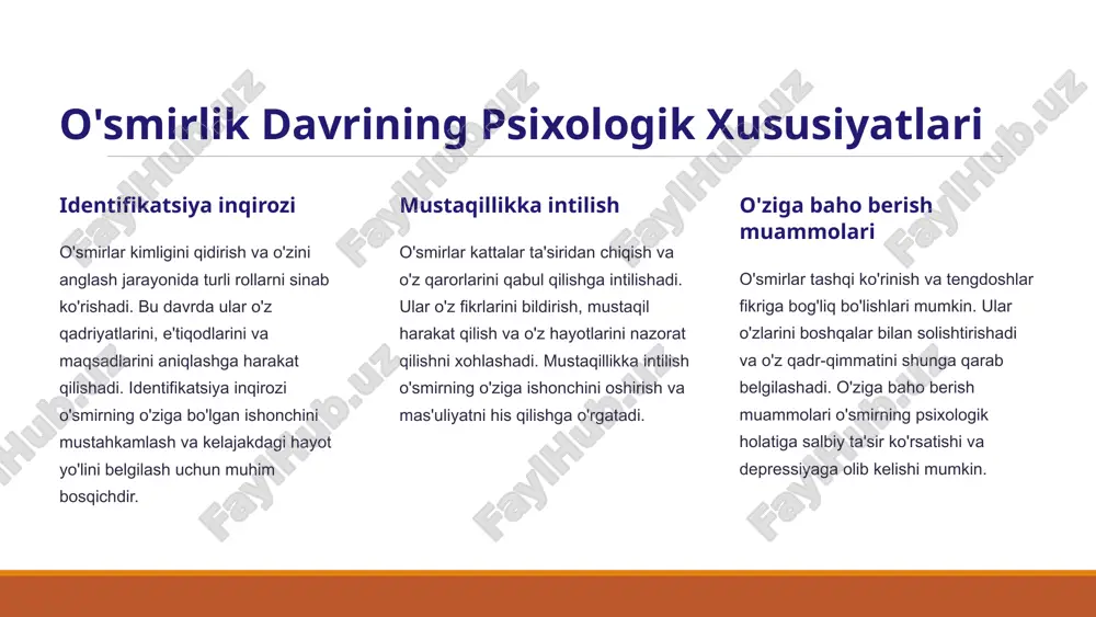 aktab muhiti o'qituvchilarning roli va sinfdoshlar bilan munosabatlar o'smirlarning xulq-atvoriga ta'sir qiladi. hurmatli, adolatli va qo'llab-quvvatlovchi o'qituvchilar o'smirlarning o'ziga bo'lgan ishonchini oshirishga va ularning o'quv faoliyatini yaxshilashga yordam beradi. ommaviy axborot vositalari internet, televideniye va ijtimoiy tarmoqlarning ta'siri o'smirlarning xulq-atvoriga va qadriyatlariga ta'sir qiladi. ommaviy axborot vositalarida zo'ravonlik, jinsiy aloqa va moddiy boyliklarning targ'ib qilinishi o'smirlarning noto'g'ri yo'lga kirishiga olib kelishi mumkin. 6 xulq-atvordagi salbiy tendensiyalar: aggressiya va zo'ravonlik aggressiyaning sabablari frustratsiya, stress va ijtimoiy bosim agressiyaning asosiy sabablari hisoblanadi. o'smirlar o'z hissiyotlarini boshqarishda qiynalishlari va agressiyani o'z muammolarini hal qilish usuli sifatida ko'rishlari mumkin. zo'ravonlikning shakllari jismoniy, psixologik va kiberbulling zo'ravonlikning eng keng tarqalgan shakllari hisoblanadi. zo'ravonlik qurbonlarga jiddiy psixologik zarar yetkazishi va ularning hayotiga salbiy ta'sir ko'rsatishi mumkin. profilaktika choralari maktablarda zo'ravonlikka qarshi dasturlar va ota-onalarning roli zo'ravonlikning oldini olishda muhim ahamiyatga ega. o'smirlarga o'z hissiyotlarini boshqarishni o'rgatish, empatiyani rivojlantirish va zo'ravonlikni qoralash profilaktika choralarining asosiy elementlari hisoblanadi. …