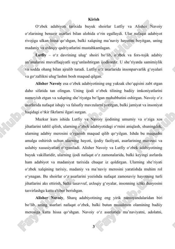 z asarlari bilan o‘zbek adabiyotining rivojlanishiga bevosita ta’sir ko‘rsatgan va ularning ijodi bugungi kunda ham o‘z ahamiyatini yo‘qotmagan. shuningdek, navoiy va lutfiy ijodi nafaqat badiiy, balki falsafiy, diniy va ijtimoiy masalalarni ham o‘z ichiga olgan. ularning asarlari o‘zbek xalqining ma’naviyatini, madaniyatini va dunyoqarashini shakllantirishda muhim vosita bo‘lgan. ushbu kurs ishida lutfiy va navoiy ijodini o‘rganish, ularning she’riyatidagi mavzu va uslublarini tahlil qilish, shuningdek, adabiy aloqalarini va o‘zbek adabiyotiga qo‘shgan hissasini chuqur o‘rganishga harakat qilingan. bu ikki buyuk shoirning ijodi o‘zbek adabiyotining rivojlanishida va o‘zbek madaniyatining shakllanishida muhim o‘rin tutadi. ishning dolzarbligi shundaki, lutfiy va navoiy ijodi xalqning ma’naviy merosi sifatida doimiy ravishda ilmiy va amaliy ahamiyat kasb etadi. ularning ijodini chuqur o‘rganish milliy adabiyotni yanada chuqurroq anglash imkonini beradi. kurs ishining maqsadi – lutfiy va navoiy ijodini ilmiy jihatdan o‘rganish orqali ularning adabiy-tarixiy ahamiyatini ochib berishdir. shu bilan birga, ishda ularning asarlaridagi mavzular va badiiy uslublarni tahlil qilish orqali ijodiy …