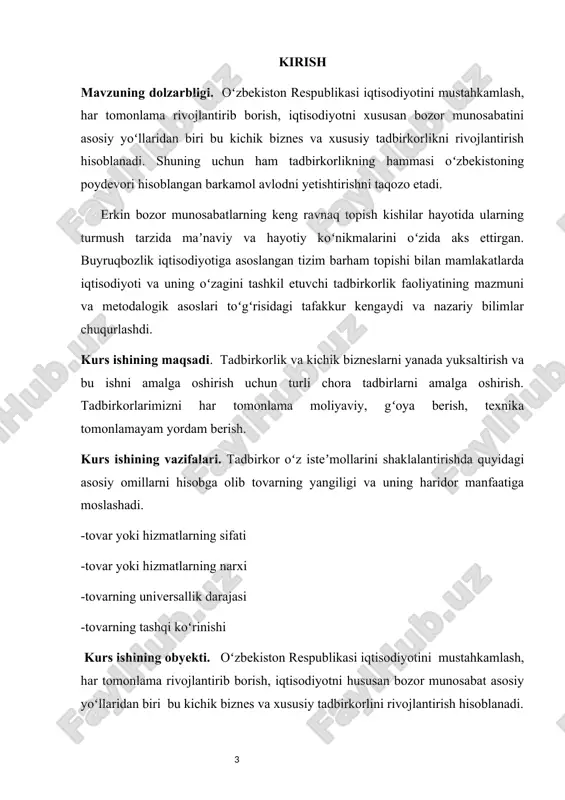 a taʼsirida aniqlanadi. prezidentimiz i.a. karimovning mamlakatimizni 2015yilda ijtimoiy iqtisodiy rivojlantirish yakunlar va 2016yildagi yoʻnalishlariga bagʻishlangan vazirlar mahkamasi majlisidagi maʼruzasida keng koʻlamda olib borilayotgan islohotlar natijasida yalpi ichki mahsulotimizda kichik biznes va xususiy tadbirkorlikning ulushi 2000yildagi 31 foizidan bugungi kunda 56,7 foiziga yetgani yoki 1,8 barobar oshishi. kichik biznes va xususiy tadbirkorlikni qoʻllab quvvatlanish nafaqat iqtisodiyotni mutaasil rivojlanishi, xoʻjalik aloqalarini tuzatish, raqobotni rivojlantirish va isteʼmol bozorini toʻldirish bilan bogʻliq boʻlgan iqtisodiy maqsadlarni ham taʼminlamoqda. bozor sharoitida tadbirkorlikni boshqarishda uning qiyidagi xususiyatlarini eʼtiborga olish kerak;- tadbirkor har doim bozor talab va taklif etiboriga olinishi, -tadbirkor samaradorligini taʼminlovchi saʼyharakatlar qilib, ishlab chiqarish xarajatlarini kamaytirishni yoʻllarini qidiradi;- biznesning pirovard natijalariga javob beradigan shaxslar, oʻz biznesini erkin shart-sharoitlarda olib borishga yetadi. tadbirkorlik yangilik kiritish, tovar ishlab chiqarish faoliyatini oʻzgartirish yoki korxonani (shu jumladan, kichik korxonani) tashkil qilish sohasida ijodkorlikning mavjudligi bilan tariflanadi. tadbirkorlarning shaxsiy xususiyatlar qobiliyatlari, imkoniyatlar va ishga doir sifatlari tadbirkorlikning harakatlantiruvchi kuchi …