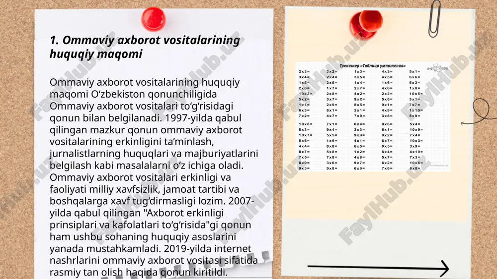 sitalari to‘g‘risida"gi qonuniga ko‘ra, jurnalistlar axborot olish, uni tarqatish va tanqidiy materiallar tayyorlash huquqiga ega. 2020-yilda qabul qilingan "axborot erkinligi kafolatlari va ommaviy axborot vositalari to‘g‘risida"gi qonunda jurnalistlarning professionallik, mustaqillik va xavfsizlik kafolatlari bekor qilinmasligi kerakligi qayd etilgan. jurnalistlar o‘z faoliyati davomida qonuniy talablarni bajarishi lozim va davlat sirlarini oshkor qilishdan saqlanishi shart. 73-modda jurnalistlarning axborot manbalarini himoya qilish huquqini mustahkamlashni ko‘zda tutadi. ... t.me/slaydai_bot 7. oavdagi mualliflik huquqlari oʻzbekiston qonunchiligiga koʻra, oavda mualliflik huquqlari muallifning ijodiy faoliyatidan kelib chiqqan asarlar ustidan nazoratni taʼminlaydi. mualliflik huquqi egasi asarlarini nashr etish, tarqatish va ijro etish huquqiga ega. 2023-yil holatiga ko‘ra, oʻzbekistonda mualliflik huquqi himoyasi asar yaratilgan paytdan boshlab muallifning butun hayoti va undan keyin 70 yil davom etadi. oavda mualliflik huquqlarini buzish noqonuniy hisoblanadi va qonuniy choralarga olib kelishi mumkin, jumladan, jarima va sud jarayonlari. bu huquqlar asosan “mualliflik huquqi va turdosh huquqlar toʻgʻrisida”gi qonun bilan tartibga solinadi. ... t.me/slaydai_bot diffamatsiya …