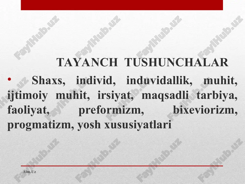 yoshi. bola aqliy va jismoniy jihatdan tez o’sadi. bolaning bo’yi bu davrda yiliga o’rtacha 6sm, og’irligi esa 1-2kg o’sadi. aim.uz aim.uz o’smirlar. 12-13 yoshdan 15-16 yoshgacha bo’lgan bolalar. bu davrda bolaning jismoniy va ruhiy taraqqiyotida keskin o’zgarishlar ro’y berishi sababli bu davr o’sish davri deyiladi. qiz bolalar 13-15 yoshda, o’g’il bolalar 16-17 yoshda balog’atga yetadi. aim.uz aim.uz o’spirinlik. 16 yoshdan 18 yoshgacha, hatto 22 yoshgacha davom etadi. bolada fikrlash rivojlanadi, dunyoqarash shakllangan bo’ladi. gavda qomatlari to’lishadi, faoliyatning asosiy turi o’qish bo’ladi. o’z-o’ziga baho berishga intiladi. aim.uz aim.uz e’tiboringiz uchun rahmat. aim.uz aim.uz
