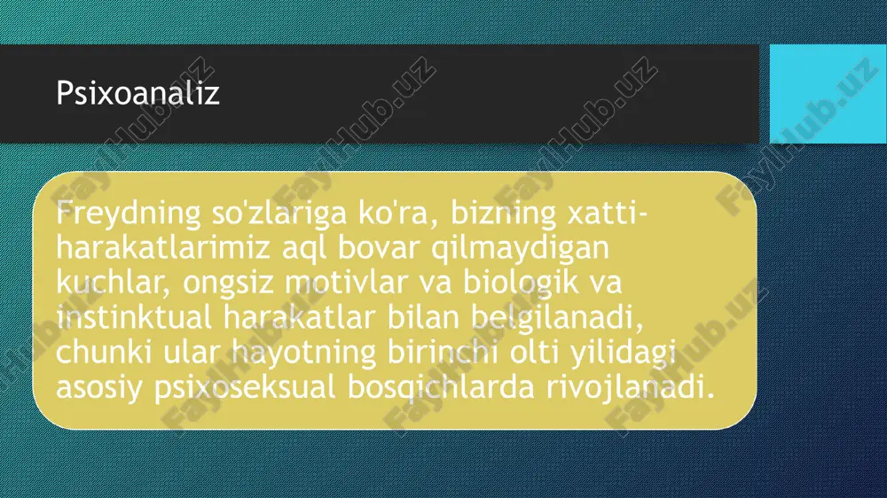 ga ob'ektiv qarashga harakat qiling, siz o'zingiz haqingizda bo'lgan tashvishlaringizni boshqa birovga o'tkazyapsizmi yoki yo'qmi. ushbu tadqiqot davomida o'zingizni hukm qilmaslikka harakat qiling; ochilgan hech narsa haqida o'ylamasdan kuzatib boring va halol baho bering. o’zgartirish/ko’chirish mijoz o'zgartirishni ko'rsatganda, ular ma'lum bir impulsning asl maqsadini boshqa shunga o'xshash maqsadga o'zgartiradi yoki almashtiradi (baumeister va boshq., 1998). ko'chirish, boshlang'ich maqsadga javob qabul qilinishi mumkin emas yoki imkonsiz deb hisoblanganligi sababli sodir bo'ladi, shuning uchun ko'proq mos nishon topiladi. ko'chirilgan impuls asl nishonga nisbatan juda kuchli bo'lishi mumkin, ammo muqobil nishonga nisbatan ko'proq bo'ysunadi. freydning ta'kidlashicha, joy almashish odatda tush ko'rishda qo'llaniladi (rennison, 2015).misol:aidan onasiga nisbatan qattiq g'azab va nafratni boshdan kechiradi; ammo, u bu impulslar ustida harakat qila olmaydi. buning o'rniga, u onasi haqidagi his-tuyg'ularini u bilan muloqot qiladigan boshqa odamlarga almashtiradi. u onasi bilan bir xil xususiyatlar va xatti-harakatlarni o'zida mujassam etgan boshqa ayollarga nisbatan dushmanlik qilishi mumkin. repressiya mijozlar tahdid …