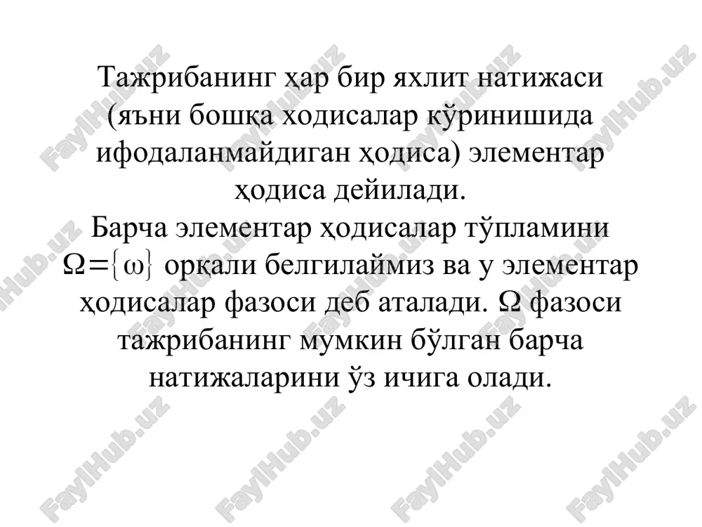 упит ровно m раз в n независимых повторных испытаниях равно группированию из n элементов по m. а ходисанинг n та синовдан роса m марта юз бериш эхтимоли 0,5 0,25 0 1 2 3 4 5 6 m p катта сонлар конуни. синовлар сони еталича катта булганда, ходисанинг юз бериш частотаси унинг эхтимолидан жуда кам фарк килиш эхтимоли бирга исталганча якиндир бернулли теоремаси: тасодифий микдор ва унинг таксимот конуни биномиал таксимот конуни пуассон таксимот конуни (4) дискрет тасодифий микдор. узлуксиз тасодифий микдор. таксимотнинг интеграл конуни. нормал таксимот таксимот таксимот зичлиги бу ерда тасодифий микдорларнинг сонли характеристикалари математик кутилиш дисперсия дискрет тасодифий микдорлар тасодифий микдорларнинг сонли характеристикалари математик кутилиш дисперсия узлуксиз тасодифий микдорлар лаплас интеграли булганда, нормал таксимотнинг зичлиги функцияси эхтимоллик вероятность probability математик кутилиш математическое ожидание mathematical expectation тасодифий ходиса случайное событие random event тасодифий микдор случайная величина random variable, chance variable катта сонлар конуни закон больших чисел low (rule) of …