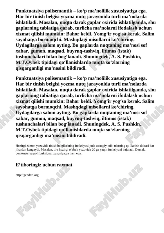 sida va oxirida kelgan undalmalarda to‘xtam, ohang – intonatsiya uncha sezilmaydi, ammo yozuvda doim vergul bilan ajratiladi: ha, bir musht urdim, o‘rtoq polkovnik, ikki mushtni ko‘tara olmas ekan. (a. q.) senda nima yumush bo‘lsin, ra’no. 4. bog‘lovchilar va nisbiy so‘zlar vositasida munosabatga kirishgan ajratilgan bo‘laklardan keyin hech qanday to‘xtam bo‘lmaydi, lekin vergul bilan ajratiladi. shunaqa qilib, nazir qilingan ikki qiz eshonzodaga, ya’ni nu’monjonga, qoldi. (a.q.) 5. sodda gaplarda kesim ot bilan ifodalanganda va bog‘lama olmaganda egadan keyingi to‘xtam sezilmaydi, biroq yozuvda tire qo‘yiladi: gazeta – ommaga! yo‘lchi – «qutlug‘ qon» romanining bosh qahramoni. tinish belgilarining o‘ziga xos xususiyatlari quyidagilar: 1. punktuatsion sistemaga kiruvchi har bir tinish belgisi ijtimoiy-sotsial vazifa bajaradi. tinish belgilari milliy yozuvning ajralmas qismi bo‘lib, umumme’yor, umumyozuv xususiyatiga ega, ya’ni har bir tinish belgisi yozuvning qanday shaklida qo‘llanmasin, aniq bir asosiy ma’noni ifodalaydi va bir xilda tushuniladi. masalan, a, b kabi belgilar kishilar tomonidan o‘z ma’nosida qanday tushunilsa, …