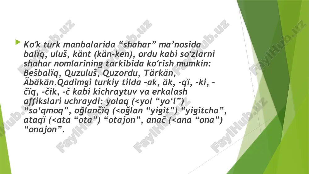 ashlanadi.3. qadimgi turkiy tilda so‘z va shakl yasovchi oʻzlashma morfemalar uchramaydi.4. qadimgi turkiy tilda murakkab morfemalar juda ozchilikni tashkil etadi. qadimgi turkiy tilda ot turkumiga kiruvchi sozlar kop boʻlib, semantik tomondan hozirgi turkiy tillardagi singari xususiyatlarga ega. qadimgi turkiy tilda ot turkumiga mansub so‘zlar kishi nomlari - antroponim (bilga qağan), zoonim - hayvon nomlari (qoy, bars, böri), jism nomlari (sub), qavm-qarindosh (qaŋ), astroponim (ud, ay) larni ifodalaydi. ot so’z turkumi haqida soz turkumlari orasida ot kategoriyasi ozining semantik, morfologik va sintaktik xususiyatlari bilan til qurilishida salmoqli orin tutadi. hozirgi ozbek adabiy tilidagi ot turkumiga oid sozlar uzoq tarixga ega. ular jamiyat taraqqiyoti va xalq turmushdagi ozgarishlarga mos ravishda tilning ichki imkoniyatlari yordamida rivojlangan. buni kohna obidalar til xususiyatlarini kuzatish chogida ham korish mumkin. qadimgi turkiy til morfologik tip jihatidan turkiy tillar singari agglyutinativdir. soz shakllari sozning negiziga maxsus qoshimchalarni muayyan tartibda qoshish yoli bilan yasaladigan tillar agglyutinativ tillar deb ataladi. …