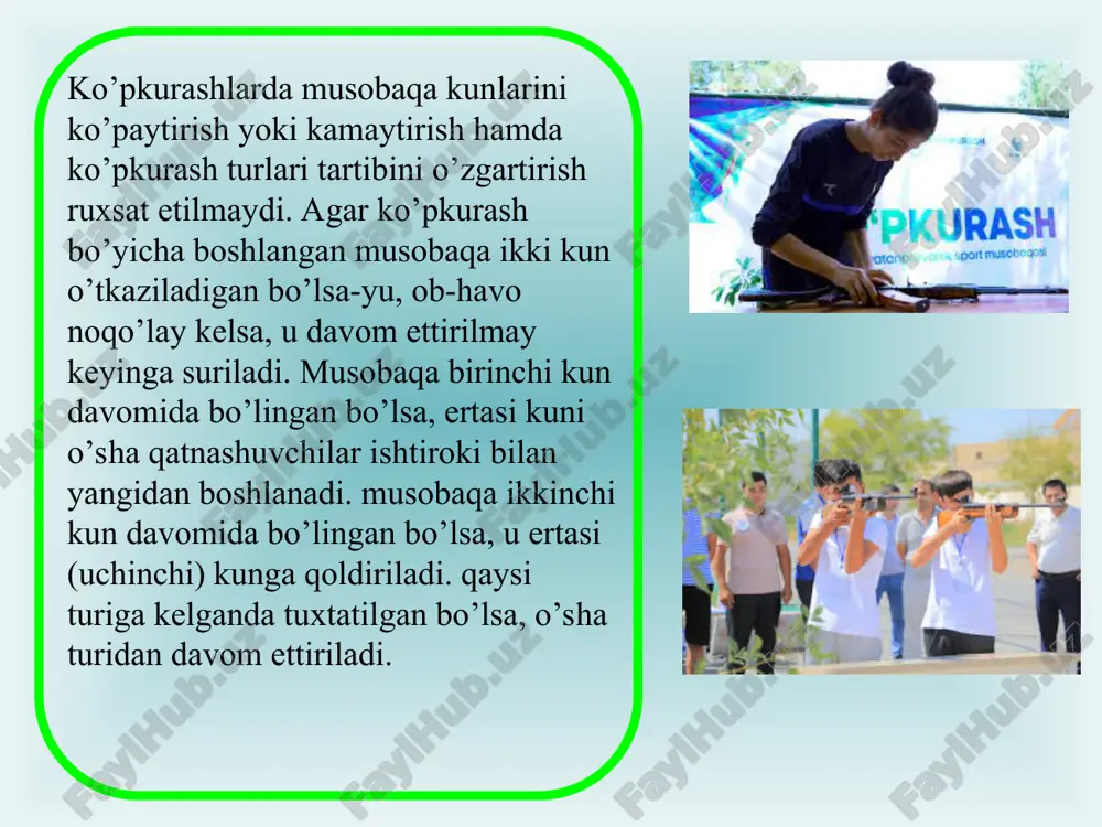 pshiriq beradi. 2. o`qituvchi o`quvchi haqidagi ma`lumotlar va yangi mashq-texnikasiga oid bilimlarga asoslanib plan tuzadi, o`rgatish metodi va usullarini tanlaydi. 3. o`qituvchi o`quvchini yangi xarakat bilan tanishtiradi. o`qituvchi bilan o`quvchining xarakat ko`nikmasini shakllantirish maqsadidagi bevosita aloqasi ana shundan boshlanadi. 4. o`qituvchi bilan o`quvchining bundan keyingi ishlari o`rganilayotgan mashq texnikasi asoslari haqida o`rgatishning: ko`rsatib berish, tushuntirish, modellarda xarakat konstruktsiyasini ko`rsatish va boshqa shu kabi tegishli usullar yordamida tasavvur shosil qilishga qaratilgan bo`ladi. o`qituvchi bilan o`quvchining shu tariqa tayyorgarlik kurishi xarakat topshiriqlarining bundan keyin amalda bajarilishi uchun zamin shozirlaydi. 5. shundan keyin o`qituvchi o`quvchiga mashqni, jumladan, qo`yidagicha bajarishni taklif qiladi: xarakatni yoki aloshida sholatni taqlid qilib ko`rsatish; mashqning xarakatning ayrim fazalarini ajratib ko`rsatish uchun ko`maklashib turib past sur`at bilan bajarish; xarakatni maksimal oson sharoitda, masalan, trenajyorda takrorlash. 6. o`quvchining mashq bajarish jarayonida o`qituvchi: xarakatlar bajarilishini kuzatib turishi, turli usul va priyomlardan foydalanib, yordamlashib turishi, topshiriqning bajarilishi natijalarini tashlil qilib borishi va zarurat …