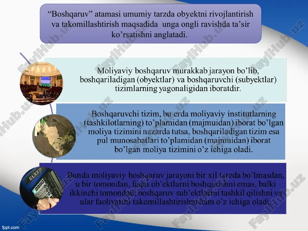 quqlar, shu jumladan intellektual mulk obʼektlariga boʼlgan huquqlar, shuningdek reinvestitsiyalarga aytiladi. investitsiya siyosati - davlat iqtisodiyotiga mahalliy va xorijiy investitsiyalarni jalb qilish uchun shart-sharoitlar yaratish chora-tadbirlari tizimidir. davlat hokimiyati va boshqaruvi organlari va xo‘jalik yurituvchi subyektlar moliyaviy resurslarni safarbar etib, ularni eng istiqbolli va strategik muhim sohalarga yo‘naltiradi. investitsiya siyosatining asosiy maqsadi sarmoyaviy muhitni muttasil yaxshilash, investitsiya salohiyatini oshirish, iqtisodiyotning turli tarmoqlarida investitsiyalarni ko‘paytirish orqali iqtisodiy o‘sishni ta’minlashdan iborat. soliq siyosati - soliqlar va yig'imlar sohasidagi davlat chora-tadbirlari tizimi, davlat moliya siyosatining tarkibiy qismi. bu soliq turlarini, soliq stavkalarining qiymatlarini, soliq to'lovchilar va soliq solish ob'ektlarini, soliq imtiyozlarini tanlashda ifodalanadi. moliyaviy mexanizm moliyaviy mexanizmning tarkibiy qismlari foydalanilgan adabiyotlar ro’yhati боди з., мертон р.с. учебник. финансы. м.: “вильямс ”, 2007. – 347 с. malikov t. moliya. o‘quv qo‘llanma. –t.: “iqtisod-moliya”, 2018. -267 b. 3. malikov t., olimjonov o. moliya. darslik. – t.: “iqtisod-moliya”, 2019. - 920 b. 4. nurmuxamedova b.i. davlat …