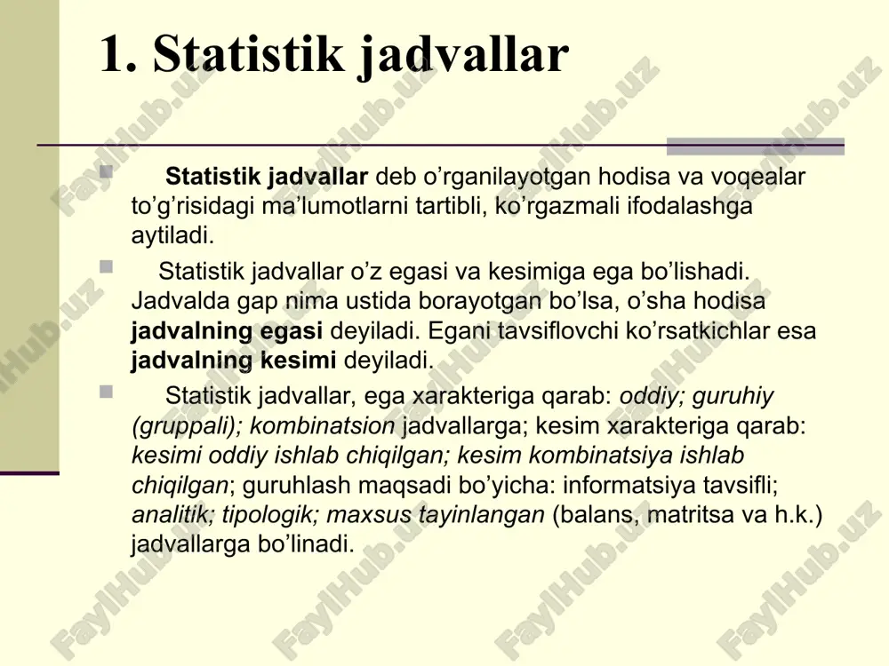 otalar yig’indisi ko’rinishidagi darajalar ordinata o’qida belgilanadi. 2. statistik grafiklar ogiva ham kumulyata egri chizig’i ko’rinishida bo’ladi, lekin koordinata o’qlari turlicha bo’ladi. ya’ni abstsissa o’qida chastotalar yig’indisi, ordinata o’qida esa variatsion qator darajalari ifodalanadi. iqtisodiy hodisa va jarayonlarni tavsiflovchi statistik ma’lumotlarni diagrammalardan farqli statistika xaritalarida ham tasvirlash mumkin. statistika xaritalari – grafik tasvirlash shakllaridan biri bo’lib, statistik ma’lumotlarni hududlar bo’yicha joylanishini chizmali geografik xaritalarda ifodalanishidir. hududlar bo’yicha tasvirlash vositasi bo’lib shtrixli chiziqlar, fonli bo’yash yoki geometrik shakllar hisoblanadi. 2. statistik grafiklar statistika xaritalarining ikki shakli mavjud: xaritagramma, xaritadiagramma. xaritagramma – bu sxematik geografik xarita bo’lib, xaritada tasvirlangan hududlarni ularga tegishli hodisa va jarayonlar xususiyati, sifat yoki miqdor ko’rsatkichi bo’yicha shtrixli nuqta yoki chiziqlar, turli xil ranglar orqali tasvirlashdir. xaritalarning yana bir turi xaritadiagrammalardir. u geografik xaritalardagi hududlar hodisalarini diagrammalarda tasvirlash orqali hosil qilinadi.