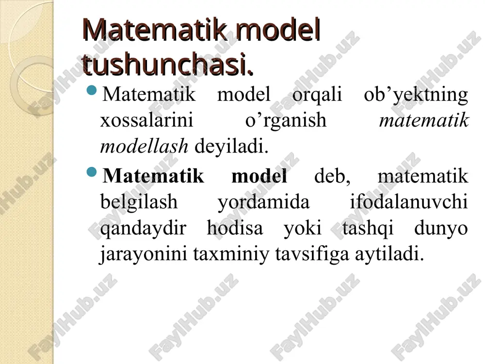 .0; maple grafikasi. ikki va uch o’lchovli grafiklar hamda animatsiyalar. mathcad dasturi millionlab odamlar matematik xisoblar bilan shug’ullanishadi, bu masalalarga ular xayotiy amaliyotida, ishlarda, ilmiy tadqiqot ishlarida duch kelishadi. avvalo bu ishlarni odamlar kalkulyatorlarda keyinchalik esa algoritmik tillarda amalga oshirishdi. sekin asta mutaxasistlar matematik xisoblarni amalga oshirish uchun maxsus matematik kompyuter sistemalarini yaratishdi. shunday sistemalardan biri mathcad sistemasidir. mathcad ning dastlabki versiyalari mathsoft (aqsh) firmasi tomonidan 1980 yillarda yaratildi. mathcad bu matematikaning turli sohalaridagi masalalarini yechishga mo’ljallangan ajoyib sistemadir. dasturning nomlanishi ikkita so’zdan iborat bo’lib – матh matika (matematika) ва cад (avtomatik loyihalash sistemasi). * ixtisoslashtirilgan mathcad tizimlari. mathcad elementar arifmetikadan boshlab, murakkab sonli usullarni qo’llash bilan tugallaydigan turli ilmiy va muhandislik hisob-kitoblarni amalga oshirish imkonini beradigan matematik muharrirdir. mathcad foydalanuvchilari-bu talabalar, olimlar, muhandislar, turli texnik mutaxassislardir. foydalanuvchining mathcad interfeysi intuisiyaga asoslangan va windows ning boshqa ilovalariga o’xshashdir. uning tarkibiy qismlari: - yuqori menyu yoki menyu qatori (menu bar); -standard …