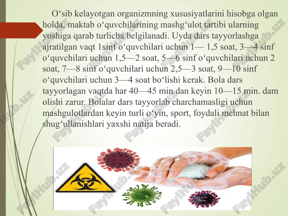 suv bilan sovunlab yuvish lozim. olish zarur. 4. shaxsiy gigiyenadan maqsad shu bilan birga, shaxsiy gigiena umumiy gigiena, jumladan, jamoat gigienasi bilan uzviy bog'liqdir. shunday qilib, kundalik hayotda, ayniqsa, ayrim kasb vakillari tomonidan shaxsiy gigiena talablariga rioya qilmaslik boshqalarning sog'lig'iga salbiy ta'sir ko'rsatadi (passiv chekish, yuqumli kasalliklar va gelmintlarning paydo bo'lishi va tarqalishi, zaharlanish va boshqalar) 5. jamoat gigienasi jamoat gigienasining har qanday yutuqlari o'z maqsadiga erisha olmaydi va shaxsiy gigiena asoslarini e'tiborsiz qoldiradigan odamning sog'lig'ini saqlab qololmaydi (mehnat va dam olish rejimiga rioya qilish, yaxshi uyqu, oqilona ovqatlanish, yangi oziq-ovqat mahsulotlariga etarlicha ta'sir qilish). havo, terini, og'izni, kiyimni saqlash, qattiqlashuv va jismoniy madaniyat darslari, chekish va spirtli ichimliklarni suiiste'mol qilish kabi yomon odatlarning yo'qligi va boshqalar). hayotning gigienik sharoitlariga muntazam e'tibor bermaslik uning sog'lig'ini yomonlashtiradi va mehnat qobiliyatini pasaytiradi. 4. adabiyotlar. 1. k. sh. baltaeva, sh. t. iskandarova, n. s. tadjibaeva, m. i. xasanova. sanoat gigienasi va sanitariyasi. farmatsevtika …
