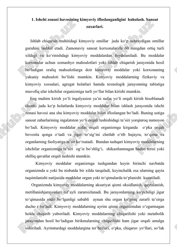 sanoat zaharlarini 4 zaharlilik sinfiga bo‘lish qabul qilingan: 1-sinf – o‘ta xavfli moddalar; 2-sinf - yuqori xavfli moddalar; 3- sinf - o‘rtacha xavfli moddalar; 4- sinf - kam xavfli moddalar. xavflilik sinfini aniqlash uchun bir qator toksikologik parametrlardan foydalaniladi: ld 50 , cl 50 (o‘rtacha o‘lim chaqiruvchi doza yoki konsentratsiya), kkum (kumulyativlik koeffitsienti) hamda rek qiymatlari. bularning hammasi toksikologik tajribalar asosida hisoblab topilgan qiymatlardir. masalan, ld 50 - 15 mg/kg va undan kam bo‘lgan kimyoviy moddalar i sinfga doir xavflilik guruhiga, 15-159 mg/kg atrofida bo‘lsa - ii sinfga, 151-5000 mg/kg bo‘lsa - iii sinfga, 5000 mg/kg dan ortiq bo‘lsa - iv xavflilik sinfiga taalluqli bo‘ladi. o‘ta yuqori kumulyativlik xususiyatiga ega bo‘lgan moddalar i sinfga, yuqori kumulyativlik xossasiga ega bo‘lgan moddalar ii - sinfga, o‘rtacha kumulyativlik xususiyatga ega bo‘lgan moddalar iii sinfga va past kumulyativlik xossasiga ega bo‘lgan moddalar iv sinfga taalluqlidir. 3. sanoat zaharlarining xavflilik darajasini baholash. sanoat zaharlarining xavflilik …