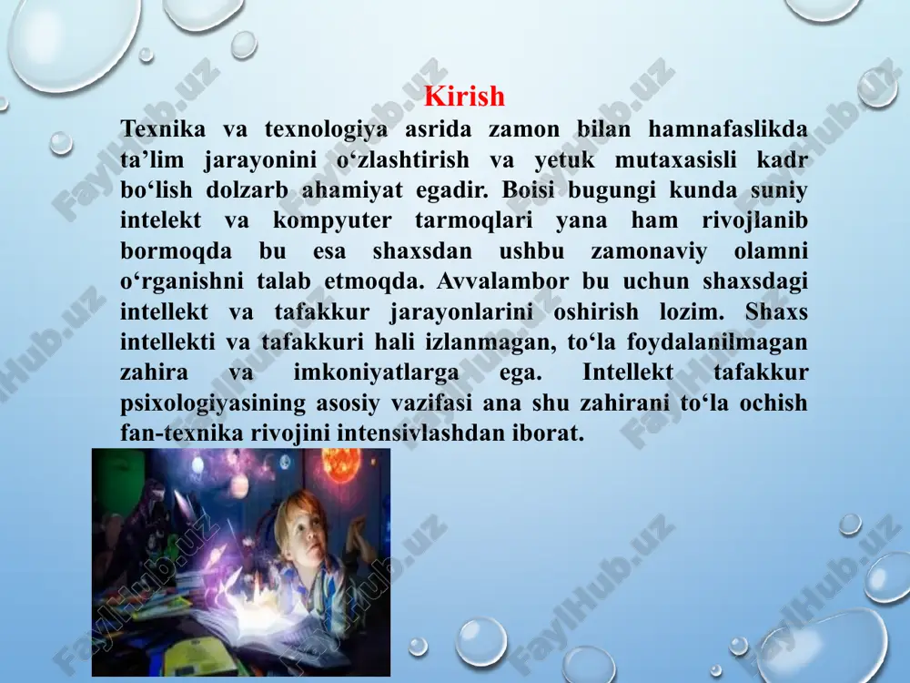 lash, vaqtni saqlash, mas’uliyatli bo‘lish, rostgo‘y bo‘lish, chegaralarni hurmat qilish, kamtarlik, rostgo‘y va e’tiborli bo‘lish qobiliyatingizning o‘lchovi. 3. ijtimoiy koyeffitsiyent (sq). bu sizning do‘stlar tarmog‘ini yaratish va uni uzoq vaqt davomida saqlab qolish qobiliyatingizning o‘lchov. 8 4. moslashuvchanlik ko‘rsatkichi (aq). sizning hayotingizdagi qiyin davrni boshdan kechirish va aql - idrokingizni yo‘qotmasdan undan chiqish qobiliyatingizning o‘lchovi. qiyinchiliklarga duch kelganda aq, kim taslim bo‘lishini, kim oilasini tark etishini va kim o‘z joniga qasd qilish haqida o‘ylashini hal qiladi. bundan tashqari intellektning yana 8 turi mavjud: - intellektning lingvistik turi; - mantiqiy va matematik aql; - intellektning vizual-fazoviy turi; - intellektning musiqiy turi; - intellektning tana-kinestetik turi; - intellektual intellekt turi; - ijtimoiy razvedka; - intellektning naturalistik turi. 9 intellekt turlari 8 toifaga bo‘linadi: - tilshunoslik; - mantiqiy va matematik; - vizual fazoviy; - musiqiy; - tana kinestetikasi; - intrapersonal (ekzistensial); - shaxslararo (ijtimoiy); - tabiiy. 10 tafakkur klassifikatsiyasiga doir tasniflar. 11 intellekt …