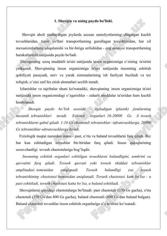. shovqinning ta'sirida inson organizmining boshqa organlarida ham o’zgarishlarni ko’rish mumkin. masalan, yurak ritmining tezlanishi, inson miyasini aktivligini pasayishi va boshqalar. aviatsiya shovqinlarining organizmga ta’siri. aviatsiya shovqinlarning kamaytirish muammolari - bu uning paydo bo’lish manbalarida shovqin darajasini kamaytirishdan iboratdir. turboventilyatorli dvigatelli samolyotlarning shovqin paydo qilish manbalari- ventilyator va reaktiv oqim hisoblanadi. shovqin darajasini kamaytirishda akustik motogondan va dvigatellardan foydalaniladi. bundan tashqari tovush so'ndirgichlardan keng foydalanish yo'lga qo'yilgan. sanoat korxonalari shovqinining organizmga ta’siri. aholi yashaydigan shovqin manbalaridan biri- sanoat korxonalari hisoblanadi. sanoat korxonalarida va uning sexlarida har xil texnologik qurilmalardan foydalaniladi. masalan, to'qimachilik fabrikalarining sexlarida, asosan to'qish sexlarida shovqin darajasi 90-95 db tashkil etadi. mexanik va instrumental sexlarida shovqin darajasi 85-92 db, kompressor stansiyalarining mashina zallarida shovqin darajasi 95-100 db tashkil etadi. shovqin darajasini kamaytirish. shovqin darajasini kamaytirish uchun - katta bulgan ventilyasiya qurilmalarida, kompressor stansiyalarida shovqin so'ndirgichlardan foydalanish tavsiya etiladi. 3. tebranishning inson organizmiga ta’siri va uni normalash. titrash umumiy …