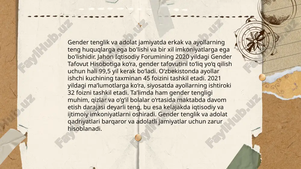 uqlarni ta'minlamoqda. unicef ma'lumotlariga ko'ra, dunyoda 650 milliondan ortiq xotin-qizlar 18 yoshga to'lmasdan turmush qurgan. ayollarning ta'lim olish imkoniyatining oshirilishi ularga iqtisodiy imkoniyatlarni oshirishda ham muhim rol o'ynaydi; misol uchun, bir yillik qo'shimcha ta'lim xotin-qizlarning kelajakdagi daromadlarini 10-20% oshirishi mumkin. mazkur raqamlar xotin-qizlar huquqlarini himoya qilish va ularning ijtimoiy-iqtisodiy hayotini yaxshilash muhimligini ko'rsatadi. ... t.me/slaydai_bot oila va gender tengligi mavzusida so'nggi yillarda ko'plab tadqiqotlar olib borilgan. jahon banki va birlashgan millatlar tashkiloti ma'lumotlariga ko'ra, ayollar dunyo aholisining taxminan 50 foizini tashkil etadi, ammo masih iqtisodiy imkoniyatlarga erkaklar kabi ega emaslar. o'zbekistonda gender tengligini targ'ib qilish maqsadida bmt tizimlari bilan hamkorlikda turli dasturlar amalga oshirilmoqda. respublika miqyosida o'tkazilgan tadqiqotlar natijalari shuni ko'rsatadiki, ayollar mehnat bozoriga kirishda erkaklarga qaraganda 1,5-2 barobar kamroq imkoniyatlarga ega. 2020 yilda o'zbekistonda iqtisodiy faol aholining taxminan 45 foizi ayollardan iborat edi. shu bilan birga, ta'lim sohasida ayollar va qizlarning ishtirokini oshirish choralari ko'rilmoqda. zamonaviy dunyoda gender muammolari …