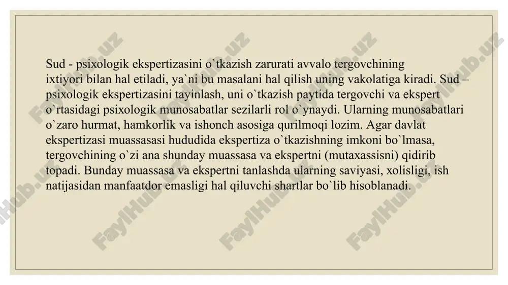 i topmaganligiga shubha tug`ilgan holatlarda sudya tomonidan chiqarilgan qarorga binoan sud-psixologik ekspertizasi tayinlanadi. bu xildagi protsessual hujjatlarda ekspertizadan o`tkazilishi lozim bo`lgan shaxs, uning sodir etgan jinoiy xatti-harakati haqidagi qisqacha bayonnoma hamda ushbu sodir etilgan jinoiy xatti-harakatda psixologik mazmundagi holatlarning mavjudligiga asoslanib, sud-psixologik ekspertizasini tayinlash zarurligi to`g`risidagi fikr aks etgan bo`lishi lozim. s sud-psixologik ekspertizasi bir qator bosqichlardan iborat bo`ladi: 1. ekspertlarning jinoyatni isbotlash maqsadida o`tkazilgan jarayonidagi ishtiroki; 2.tadqiqotni o`tkazish; 3. xulosa uchun ahamiyatli bo`lgan vaziyatlarni oydinlashtirish; 4.tadqiqot natijalari asosida xulosa qilish va xulosani bayon etish; 5. ekspertlarni so`roq qilish. yuridik psixologiyada sud psixologik ekspertiza usullari yordamida ko`plab kerakli ma`lumotlarni yig`ish mumkin bo`ladi. sud - psixologik ekspertizasu turlariga quyidagi usullar kiradi: - jinoiy ishga taalluqli bo`lgan ma`lumotlrni psixologik talqin qilish; - anamnez (biografik) usuli; - kuzatish va tabiiy eksperiment; - shaxsni individual – psixologik xususiyatlarini o`rganish; - psixoanaliz; - anketalardan foydalanish; - suhbat. ekspert psixolog vazifasi nuqtai nazaridan ekspertizani ishga doir …