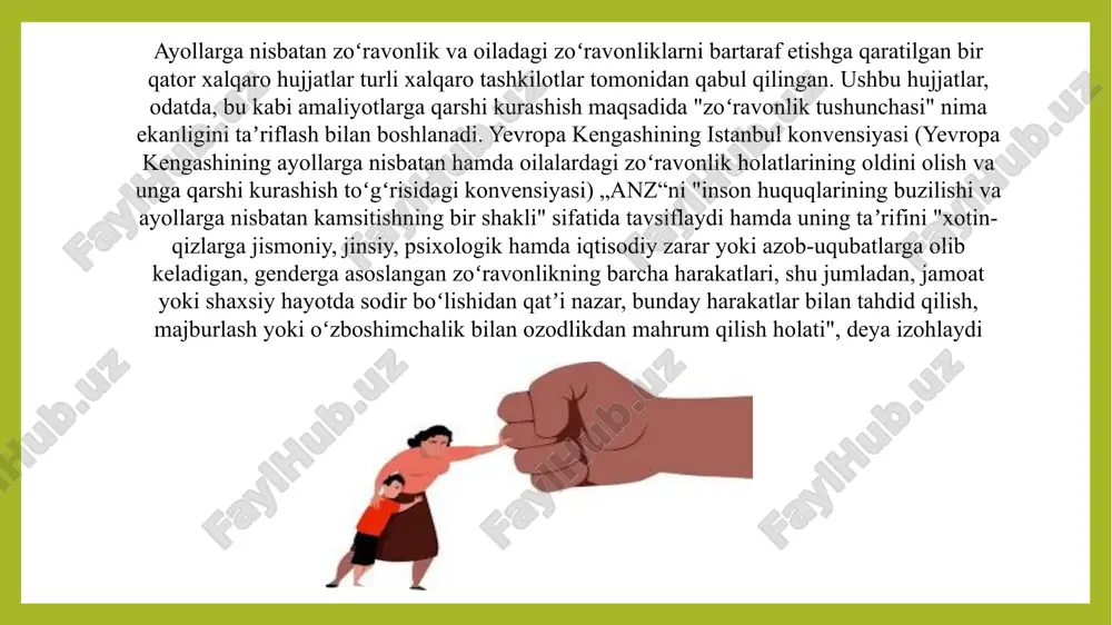 heklashga olib keladigan harakat (harakatsizlik); ruhiy zo‘ravonlik xotin-qizlarni haqoratlash, ularga tuhmat qilish, tahdid qilish, ularning sha’nini, qadr-qimmatini kamsitish, shuningdek ularning xohish-irodasini cheklashga qaratilgan boshqa harakatlarda ifodalanadigan zo‘ravonlik shakli, shu jumladan reproduktiv sohada nazorat qilish, tazyiq va zo‘ravonlikdan jabrlanuvchida o‘z xavfsizligi uchun xavotir uyg‘otgan, o‘zini himoya qila olmaslikka olib kelgan yoki ruhiy sog‘lig‘iga zarar yetkazgan harakat (harakatsizlik); oʻtkazilgan tadqiqotlar natijasida ayollarga nisbatan zoʻravonlikning maʼlum xususiyatlari paydo boʻla boshladi. misol uchun, ayollarga nisbatan zoʻravonlik harakatlari koʻpincha oʻziga xos, bir marotabalik epizodlar emas, balki davomiy ravishda kuzatiladi. koʻpincha, zoʻravonlik notanish odam tomonidan emas, balki ayol tanigan kishi tomonidan sodir etiladi. ushbu tadqiqotlarda ayollarga nisbatan zoʻravonlik ayollar va bolalar salomatligi hamda farovonligiga halokatli taʼsir koʻrsatadigan ogʻir va keng tarqalgan muammo ekanligi haqida ishonchli dalillar keltirilmoqda. xulosa bundan tashqari, bir nechta tadqiqotlar ayollarga yomon munosabatda boʻlish va xalqaro zoʻravonlik oʻrtasidagi bogʻliqlikni koʻrsatdi. ushbu tadqiqotlarda aytilishicha, millatlararo va ichki zoʻravonlikning „eng yaxshi“ koʻrsatkichlaridan biri bu jamiyatda …