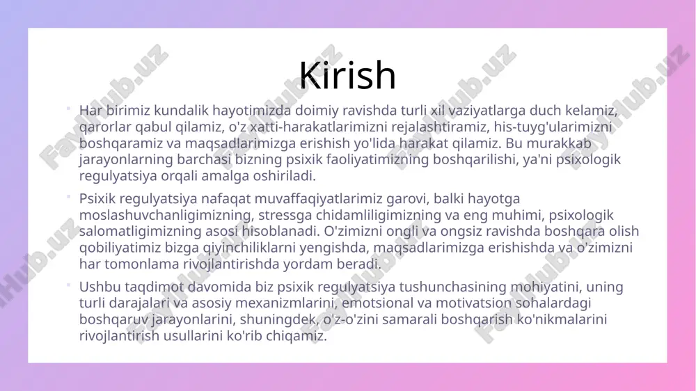 z-o'zini regulyatsiya qilishning individual xususiyatlari: * irodaviy sifatlar (maqsadga intiluvchanlik, qat'iyatlilik, o'zini tuta bilish). * o'z-o'zini samarali boshqarish ko'nikmalari. * o'z-o'zini regulyatsiya qilishning rivojlanishi. o'z-o'zini regulyatsiya qilishning buzilishi: * impulsivlik. * prokrastinatsiya. * haddan tashqari emotsionallik. * o'ziga past baho berishning regulyatsiyaga ta'siri. o'z-o'zini regulyatsiya qilishni rivojlantirish usullari: * maqsad qo'yish va rejalashtirish treninglari. * o'z-o'zini nazorat qilish mashqlari. * emotsional intellektni rivojlantirish dasturlari. psixik regulyatsiyaning turli sohalarda namoyon bo'lishi o'quv faoliyatini rejalashtirish va nazorat qilish. * o'quv motivatsiyasini boshqarish. * qiyinchiliklarni yengish. psixik regulyatsiyaning turli sohalarda namoyon bo'lishi (ish): * vazifalarni rejalashtirish va bajarish. * stressni boshqarish. * jamoada ishlash. psixik regulyatsiyaning turli sohalarda namoyon bo'lishi (sog'liq): * sog'lom turmush tarzini rejalashtirish va amalga oshirish. * kasallikni yengishda psixologik omillar. * stressni boshqarish va ruhiy salomatlikni saqlash. psixik regulyatsiyani o'rganishdagi zamonaviy yondashuvlar: neyropsixologik tadqiqotlar. kognitiv psixologiya nuqtai nazari. o'z-o'zini regulyatsiya qilishning ijtimoiy-kognitiv nazariyasi (a. bandura). xulosa * psixik regulyatsiyaning …