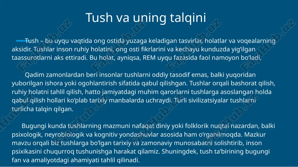 ramz uyg‘onish davrida inson tafakkuri markazga chiqdi. tushlar endi nafaqat ilohiy vahiy, balki inson ruhiyatining ichki ramzi sifatida ko‘rila boshlandi. san’at va adabiyotda tushlar ijodiy ilhom manbai bo‘lib xizmat qildi. leonardo da vinchi, mikelanjelo kabi rassomlar inson ongi, his-tuyg‘ulari va tushlar olamini vizual ifodalashga harakat qilishgan. yevropa tafakkurida tush talqinining evolyutsiyasi zigmund freydga ko‘ra, tush – bu insonning bolalikdan boshlab ong ostida saqlanib qolgan, ijtimoiy yoki axloqiy sabablarga ko‘ra ochiq ifoda etilmagan yashirin xohishlarining ifodasidir. ular tush orqali ramziy shaklda yuzaga chiqadi. freyd tushni "ong ostining qirolligi" deb ataydi. uning fikricha, tush orqali inson o‘zining bilmagan (ongsiz) istaklarini, qo‘rquvlarini va ziddiyatlarini anglaydi. tushlar – ichki ziddiyatlar, repressiyalangan hissiyotlar va xotiralarning qayta ko‘rinishidir. aniqlangan mazmun – inson tushida eslaydigan voqea va obrazlar. yashirin mazmun – bu ramzlar orqali yashirin ma’nolar, ya’ni asl istaklar va hissiyotlar.freyd psixoanaliz orqali ana shu yashirin mazmunni ochib berishga harakat qilgan. zamonaviy yondashuv a) psixoanalitik yondashuv (freyd) …