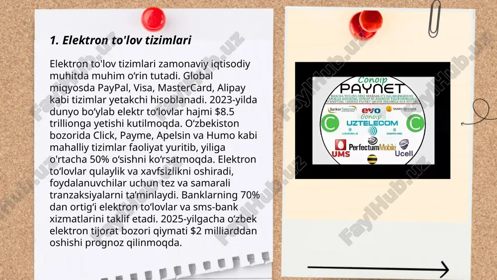 kin. bunda karta chipi va nfc texnologiyasi ishlatiladi. ushbu turdagi to'lovlar xavfsiz va tezkor bo'lib, 100 000 so'mgacha bo'lgan to'lovlarda pin-kod kiritish talab etilmaydi. o‘zbekiston banklarining aksariyati bu xizmatni taklif etadi. 2023 yil statistikalariga ko‘ra, o‘zbekistonda kontaktsiz to‘lovlar ulushi umumiy tranzaksiyalarning 30% ni tashkil etadi. bu texnologiya ayniqsa yirik shaharlarda keng rivojlangan. ... t.me/slaydai_bot 7. kripto-valyuta orqali to'lovlar kripto-valyutalar, masalan, bitcoin va ethereum, dunyo bo'ylab to'lovlar uchun qo'llanilmoqda. 2023-yilda bitkoin bilan global tranzaksiyalar hajmi kuniga 300,000 tranzaksiyani tashkil qilmoqda. 2022-yilda kripto-valyuta orqali to'lovlar jahon savdo hajmining taxminan 1.3% ini tashkil etdi. oʻzbekistonda esa kripto-valyutalar bilan bogʻliq qonunchilik 2019-yilda qabul qilingan. dunyodagi umumiy kripto bozor qiymati 1 trillion aqsh dollaridan oshadi. kripto-valyutalar xalqaro to'lovlarni amalga oshirishda an'anaviy bank tizimlariga qaraganda ko'proq tezlik va kam foyda solinishi hisobidan ommalashmoqda. ... t.me/slaydai_bot 8. elektron pul o'tkazish (eft) va bank o'tkazmalari hozirgi kunda keng qo'llaniladigan to'lov tizimidir. eft yordamida foydalanuvchilar mablag'larni bir bank hisobidan …