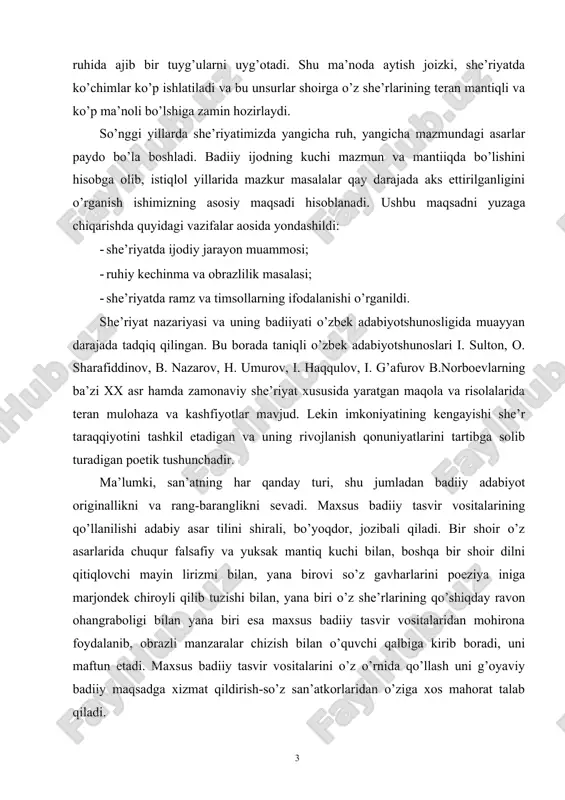asarlarida chuqur falsafiy va yuksak mantiq kuchi bilan, boshqa bir shoir dilni qitiqlovchi mayin lirizmi bilan, yana birovi so’z gavharlarini poeziya iniga marjondek chiroyli qilib tuzishi bilan, yana biri o’z she’rlarining qo’shiqday ravon ohangraboligi bilan yana biri esa maxsus badiiy tasvir vositalaridan mohirona foydalanib, obrazli manzaralar chizish bilan o’quvchi qalbiga kirib boradi, uni maftun etadi. maxsus badiiy tasvir vositalarini o’z o’rnida qo’llash uni g’oyaviy badiiy maqsadga xizmat qildirish-so’z san’atkorlaridan o’ziga xos mahorat talab qiladi. mavzuni yoritishda asosan istiqlol yillarida yaratilgan asarlar, xususan, b. ro’zimuhammad, faxriyor, a. qutbiddin she’rlari asosiy obyekt qilib olindi. ba’zi o’rinlarda ramziy-falsafiy ma’no va mazmunni ifodalashda yetuk shoirlarimizning keyingi avlod vakillariga ta’siri masalasini izohlash maqsadida a. oripov, e. vohidov ijodiga ham to’xtalindi. istiqlol davri o’zbek she’riyati yangi zamon talablariga mos ravishda shakllanib bormoqda. u uzoq va yaqin o’tmish mavzularini istiqlol mafkurasi asosida yangcha badiiy ifodalarda aks ettirayotir. bu ijodiy jarayonda she’riyatga yangiliklar olib kirishda tajribali ustoz shoirlar …