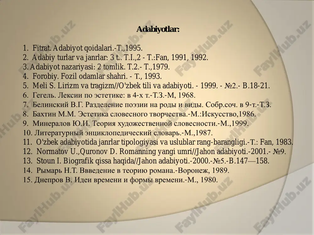 liro-epika turlarga ajratishdagi turlicha qarashlar turni belgilovchi xususiyatlar epos drama lirika o b ra z t a b ia ti t a s v ir p re d m e ti voqealar his-tuyg‗ular harakat obyekt va subyektning qorishiq obrazi subyektning noplastik obrazi obyetning plastik obrazi turlararo chegaraning shartliligi epos drama lirika lirik proza (o‗.hoshimov. ―dunyoning ishlari‖) dramatik novella (cho‗lpon. ―nonushta‖) nutq shakli va adabiy tur epos lirika drama asosan she‘riy, qisman nasrda asosan monologik, qisman dialogik adabiy tur va badiiy vaqt hissi epos lirika drama «men – hozir» «hozir ko'ngilda kechayotgan» tuyg‗u