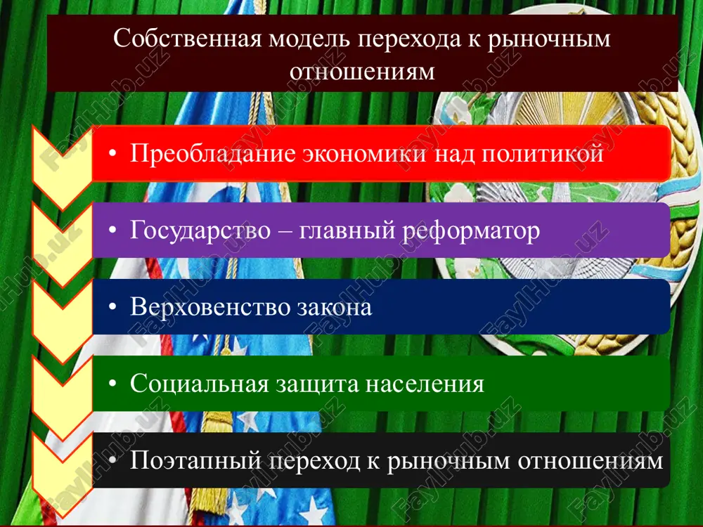 . начался новый этап структурных преобразований и углубления рыночных реформ в узбекистане. в рамках стратегии действий развития предприняты шаги по коренному реформированию финансово-банковской сферы, в частности либерализации валютной политики. согласно указу «о первоочередных мерах по либерализации валютной политики» с 5 сентября того же года в стране начался процесс формирования валютного рынка, функционирующего исключительно на основе рыночных механизмов. в результате юридические и физические лица получили возможность приобретения и продажи иностранной валюты в коммерческих банках без ограничений.. благодарю за внимание!