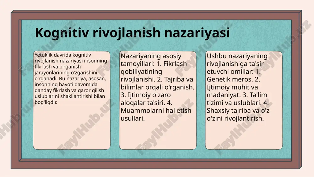 i. bu yondashuvlar kreativ fikrlash va tanqidiy tahlilni oshirishga yordam beradi. kognitiv qobiliyatlarni rivojlantirish usullari - kognitiv qobiliyatlarni rivojlantirish usullari: 1. muammolarni hal qilish o'yinlari: bu o'yinlar fikrni kengaytiradi va muammolarni tezda hal qilishni o'rgatadi. 2. mantiqiy fikrlash mashqlari: mantiqiy mashqlar mantiqiy ko'nikmalarni rivojlantiradi va analitik fikrlashni kuchaytiradi. 3. yangi bilimlarni o'rganish usullari: o'qish va yangi ma'lumotlarni o'zlashtirish kognitiv qobiliyatlarni oshirishga yordam beradi. - o'yinlar va mashqlar orqali rivojlantirish: o'yinlar va mantiqiy mashqlar kognitiv qobiliyatlarni rivojlantirishda muhim vositalar hisoblanadi. ular fikrlash jarayonini tezlashtirish va muammolarni hal qilish qobiliyatini oshirishga yordam beradi. - kognitiv mashg'ulotlar va ularning foydalari: kognitiv mashg'ulotlar diqqatni oshirish, xotirani mustahkamlash va ijodkorlikni rivojlantirishga yordam beradi. bu mashg'ulotlar insonning umumiy intellektual salohiyatini kuchaytiradi. - statistika yoki faktlar: 1. o'yinlar orqali kognitiv qobiliyatlar 30% ga oshishi mumkin. 2. mantiqiy mashqlar 15% gacha xotira yaxshilanishini ta'minlaydi. 3. kognitiv mashg'ulotlar bilan muntazam shug'ullanish 20% gacha diqqatni oshiradi. kognitiv rivojlanish va ijtimoiy …