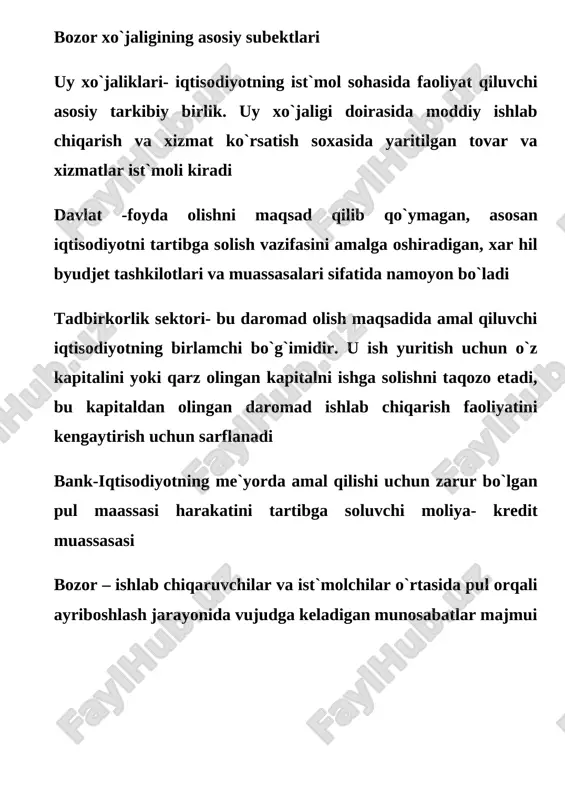 mas , balki tovar ayirboshlash , yaʼni oldisotdi yuritish xos . shu bois natural isteʼmol oʻrniga tovar isteʼmoli ustuvorlik qiladi . bozor iqtisodiyoti iqtisodiy liberalizm , yaʼni erkinlik , mulkiy erkinlik va xoʻjalik yuritish erkinligiga asoslanadi . xususiy mulk asosiy boʻlgan holda boshqa mulk shakllari ham mavjud boʻladi . xilmaxil mulkchilik yoki barcha mulk shakllarining , chunonchi xususiyindividual , xususiy korporativ , jamoa mulklari hamda davlat mulkining erkin rivojlanishi natijasida mulkiy muvozanat hosil boʻlib , hech bir mulk shaklining monopoliyasiga yoʻl berilmaydi . bozor iqtisodiyoti da yakka tartibda , oʻz mulki va mablagʻiga tayangan holda , korporativ , sherikchilik asosida yer , bino, inshootlar , mashinalarni ijaraga olish , pulni qarzga koʻtarib ish yuritish usullari mavjud boʻladi . bozor iqtisodiyoti ning tayanchi tadbirkorlik boʻlib , u tovar va xizmatlarni bozorga yetkazib berish asosida foyda topishga qaratiladi . tadbirkorlar maxsus toifani tashkil etadi va odatda , iqtisodiy faol aholining 7—10% ni …