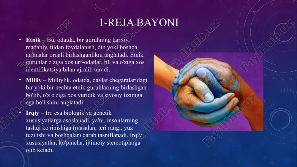 bormoqda. boshqa etnik guruhlar ham o'z erkinligini yoki huquqlarini himoya qilishda xalqaro maydonda faoliyat olib boradi. 4-reja bayoni: geosiyosatda etnik va irqiy faktorlarni hisobga olish zaruriyati konfliktlar va diplomatik munosabatlar: etnik va irqiy tafovutlar ko'plab xalqaro mojarolarni keltirib chiqarishi mumkin. geosiyosatdagi muvaffaqiyatli strategiyalar bu turdagi nizolarni hisobga olgan holda tuziladi. diplomatik yondashuvlar, etnik guruhlar o'rtasidagi kelishmovchiliklarni hal qilish uchun zarur bo'lishi mumkin. geosiyosiy strategiyalarda etnik-milliy jihatlarni hisobga olish: dunyo siyosatida turli davlatlar o'zining etnik va irqiy tarkibini, shu bilan birga qo'shni mamlakatlarning etnik xususiyatlarini ham hisobga olib, strategiyalarini shakllantiradi. etnik xususiyatlar va ularning ijtimoiy, siyosiy va iqtisodiy ta'siri davlatlarning o'zaro munosabatlarida muhim rol o'ynaydi. diplomatik yondashuvlar: diplomatlar etnik va irqiy masalalarni yechishda beparvo bo'lmasliklari kerak. millatlararo kelishuvlar, iqtisodiy yordam, va madaniy almashinuvlar orqali, davlatlar o'rtasidagi ziddiyatlar yumshatilishi mumkin. kongo va sudan kabi mamlakatlarda, masalan, diplomatik aralashuvlar etnik ziddiyatlarni qisqartirishga yordam bergan. etnik-milliy jihatlarni hisobga olish zaruriyati: geosiyosiy strategiyalar va diplomatik …
