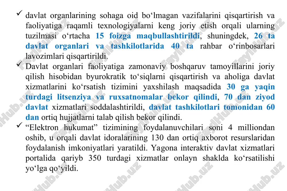 yihalari hamda, zarur hollarda, boshqa masalalar belgilangan tartibda o‘zbekiston respublikasi prezidenti administratsiyasiga kiritiladi (yoki qabul qilinadi); d) vazirlar mahkamasida masalalarni kollegial tarzda ko‘rib chiqishda, zaruratga ko‘ra, ommaviy axborot vositalari taklif qilinadi. vazirlar mahkamasi tizimini quyidagi vazirliklar tashkil etadi: investitsiyalar, sanoat va savdo vazirligi; iqtisodiyot va moliya vazirligi; tog‘-kon sanoati va geologiya vazirligi; qurilish va uy-joy kommunal xo‘jaligi vazirligi; kambag‘allikni qisqartirish va bandlik vazirligi; oliy ta’lim, fan va innovatsiyalar vazirligi; maktabgacha va maktab ta’limi vazirligi; ekologiya, atrof-muhitni muhofaza qilish va iqlim o‘zgarishi vazirligi; sport vazirligi; qishloq xo‘jaligi vazirligi; suv xo‘jaligi vazirligi; raqamli texnologiyalar vazirligi; adliya vazirligi; transport vazirligi; madaniyat vazirligi; mudofaa vazirligi; energetika vazirligi; sog‘liqni saqlash vazirligi; tashqi ishlar vazirligi; ichki ishlar vazirligi; favqulodda vaziyatlar vazirligi. vazirlik — tegishli sohalarda yagona davlat siyosatini ishlab chiquvchi va amalga oshiruvchi, muayyan yo‘nalishda ijro etuvchi hokimiyat organlarining faoliyatini muvofiqlashtiruvchi hamda tizimdagi rahbariy faoliyatni yakkaboshchilik asosida tashkil etadigan respublika ijro etuvchi hokimiyat organi hisoblanadi; o‘zbekiston …