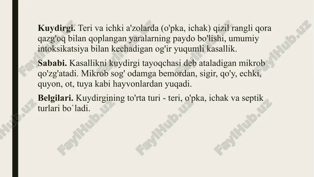 di, kattalashadi va yiringlaydi. bemorning qornida og'riq bo`ladi, tana harorati ko'tariladi. leptospiroz jigar, buyrak va boshqa a'zolarning yallig`lanishi, terining sarg'ayishi, teri orasiga qon quyilish nuqtalarining paydo bo`lishi, umumiy intoksikatsiya bilan kechadigan og`ir yuqumli kasallik. sababi. kasallikni leptospera deb ataluvchi mikrob qo'zg'atadi. u issiq sharoitda, ayniqsa yoz faslida ko'payadi. kemiruvchilar mikrobning manbai hisoblanadi. ular siydigi, ahlati bilan suv manbalarini, daladagi don mahsulotlarini va meva-sabzavotlarni zararlaydi. belgilari. kasallik tana haroratining to'satdan ko'tarilishi va varaja qilish bilan boshlanadi. asosiy belgilaridan biri boldirning duksimon muskullarida kuchli og'riq paydo bo`lishidir. bemorning ko'zlari qizaradi. jigar yallig`lanishi tufayli teri sarg'ayadi, qizil toshmalar paydo bo`ladi. burnidan qon oqadi, buyrakni yallig`lanishi tufayli siydikda qon bo`ladi.jigar va taloq kattalashadi. tibbiy yordam. leptospiroz bilan kasallangan bemor tez yordam chaqirilib zudlik bilan yuqumli kasalliklar shifoxonaga yuborilishi kerak.shifoxonaga yuborguncha tulyaremiyaga o`xshash birinchi tibbiy yordam ko`rsatiladi. brutsellyoz bo`g`imlarning yallig`lanib shishishi, jigar, taloq, buyrak kabi ichki a`zolarning yallig`lanishi va kattalashishi, tana haroratini ko'tarilishi bilan surunkali …