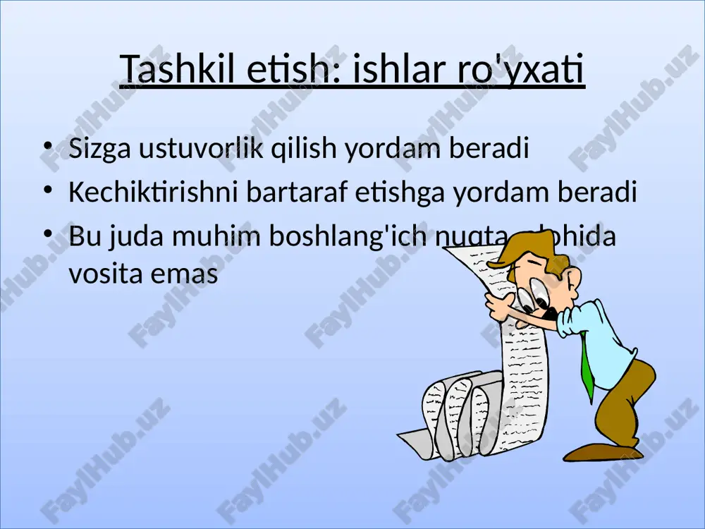 rlanuvchi to'xtalishlar va chalg'itadigan narsalarni aniqlang log qoldirish yo'q deyishni o'rganing: muloyim, ammo qat'iy bo'ling boshqa maslahatlar: mavjud/mavjud bo'lmagan soatlarni o'rnatish, im chat-ni o'chirish; uzluksiz vaqtni aniqlash uchun outlook-ni ishlatish kerakli to'xtalishlar bilan limitlar belgilash masalan, 5 daqiqam bor, buni ertaga qila olaman ko'proq uzilishlar diffuzing maslahatlari o'zingizga eslatib qo'ying: sizning mavjudligingiz ≠ sizning muhimligingiz "bir daqiqa bor?" intrusionini keyinchalik o'ylab ko'radigan iboralarni ishlab chiqish "o'zgartirilgan" ochiq eshik qoidasini qo'llash ba'zan boshqa joyda ishlashni o'ylab ko'ring ofisingizni stolingiz eshikka ro'baro' bo'lishi uchun sozlang intruziv tashrif buyuruvchilarning kirishiga turing boshqa shaxsning ofisida yig'ilishlarni rejalashtirish 14 juda ko'p narsani olishdan saqlaning limitlarni belgilashni o'rganing va rahmat yo'q deng topshirishni, ish bilan bo'lishishni, boshqalar yordam berishini o'rganing smart maqsadlarini yaratish aniq: amalga oshirilishi kerak bo'lgan ishlarning aniq bayoni: aynan nima qilasiz, qancha? qachon? qancha tez-tez? o'lchanadi: prognozni o'lchashning aniq mezonlari. maqsadingizni boshqarish va baholashga yordam beradi. erishish mumkin: maqsadingiz sizning qobiliyatingizga mos kelishiga …