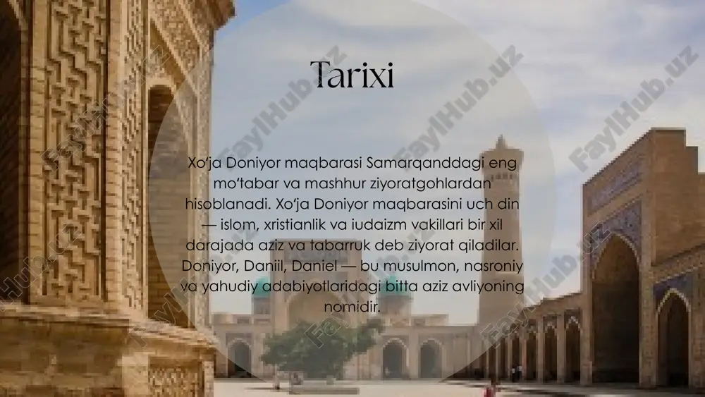 iyob arigʻi yaqinidan xoja doniyor buloq-chashmasi ham bor. xalq uni tabarruk bilib ichadilar va choʻmiladilar. uni koʻp kasallar shifosiga sabab deb biladilar. u kishiga tangrining rahmati boʻlsin!.” islom diniga ko‘ra xoja doniyor payg‘ambar muhammad payg‘ambarning amakivachchasi sifatida tanilgan qusam ibn abbosning safdoshlari bo‘lgan. bu haqda samarqandlik tarixchi abu tohirxoʻja „samariya“ kitobida shunday yozadi: “xoja doniyorning qabri samarqand shahrining chetida, afrosiyob qoʻrgʻonining shimoliy devori pastida joylashgan. maqbaraning yaqinidan siyob daryosi oqadi. avom bu qabrni doniyor paygʻambarning qabri deb biladi, lekin uning qabri mosul viloyatidadir. e’tiboringiz uchun rahmat image1.jpeg image2.png image3.jpeg image4.png image5.png image6.svg image7.png image8.svg image9.png image10.svg image11.png image12.png image13.png image14.svg image15.png image16.svg image17.png image18.svg image19.jpeg image20.png image22.png image21.png image23.jpeg image24.png image25.png image26.png image27.png image28.png image29.png /docprops/thumbnail.jpeg
