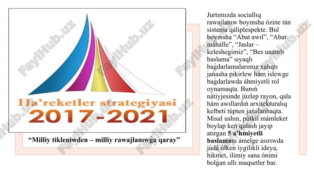 selesi ullı ulıwma milliy maqsetke, ulıwmaxalıqlıq háreketke aylanbaqta. prezidentimiz tárepinen xalıq tálimi sistemasına tiyisli 6 párman hám qarar qabil etildi. ministrler kabinetiniń 21 qararı qabıl etilip, bul tarawdaǵı reformalardıń huqıqıy-normativ tiykarları bekkemlendi. ata-analar, jámáátshiliktiń tilekleri esapqa alınıp, elimizde 11 jıllıq mektep tálimi sisteması tiklendi. sońǵı úsh jılda elimizde 157 ulıwma bilimlendiriw mektebi jańadan qurıldı. ullı babalarımız – mirza uluǵbek hám muhammed xorezmiy atındaǵı qábiletli balalar mektepleri, hamid alimjan hám zulfiya, erkin vohidov, abdulla oripov, ibrayım yusupov, ishoqxon ibrat, muhammad yusuf, halima xudoyberdieva atları menen atalǵan dóretiwshilik mektepleri, “temurbekler mektebi”, prezident mektepleri, jeke menshik mektepler sıyaqlı jańa hám zamanagóy úlgidegi bilim dárgayları shólkemlestirilgeni jurtımız perzentleri ushın tálim-tárbiya alıw boyınsha jańa imkaniyatlar ashıp bermekte. mámleketimizdiń mádeniy turmısında da úlken ózgerisler júz bermekte. birinshi márte shahrisabz qalasında xalıq aralıq maqom kórkem óneri konferenciyası, termiz qalasında xalıq aralıq baqsıshılıq óneri festivalı tabıslı ótkizildi. samarqand qalasında joqarı sapa hám bálent ruwx penen ótkizilgen “sharq taronalari” …